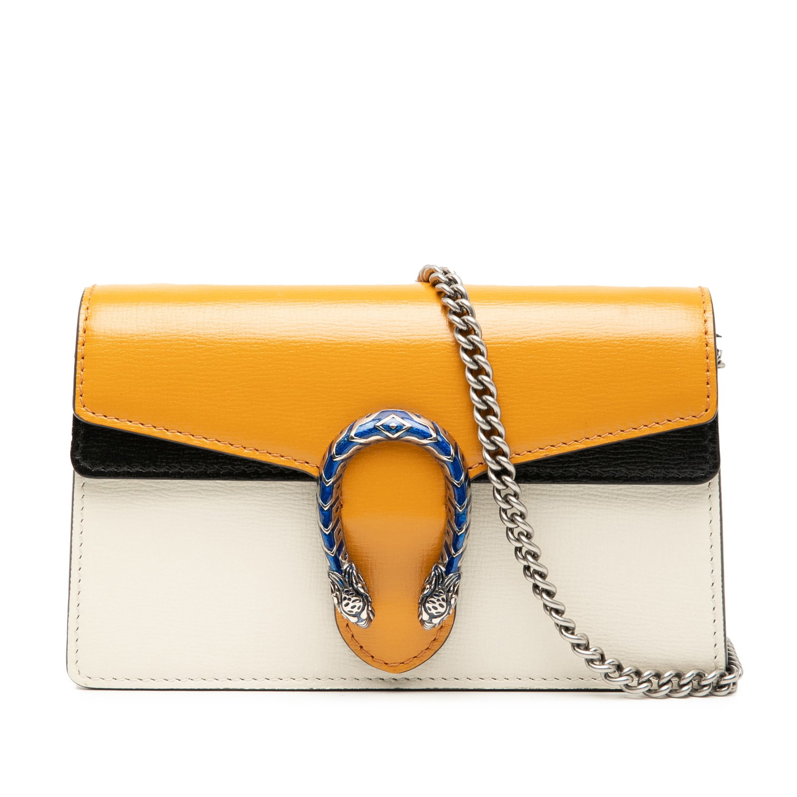 Mini Dionysus Tricolor Leather Crossbody Bag by Gucci: Mini Dionysus Tricolor Leather Crossbody Bag by Gucci This Gucci Mini Dionysus Crossbody Bag features a tricolor leather body, a silver-tone chain strap, and a front flap with snap closure. The compac