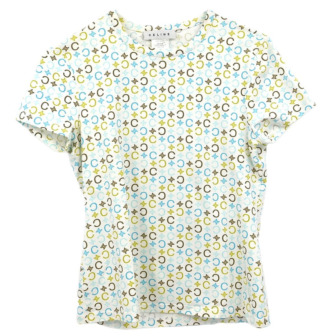 Celine White Macadam Cotton Short Sleeve T-Shirt Size 2 Italy: Celine White Macadam Cotton Short Sleeve T-Shirt Size 2 Italy This Celine Macadam T-shirt features a classic round neckline and short sleeves, crafted from a comfortable blend of 95% cotton and 5% ela