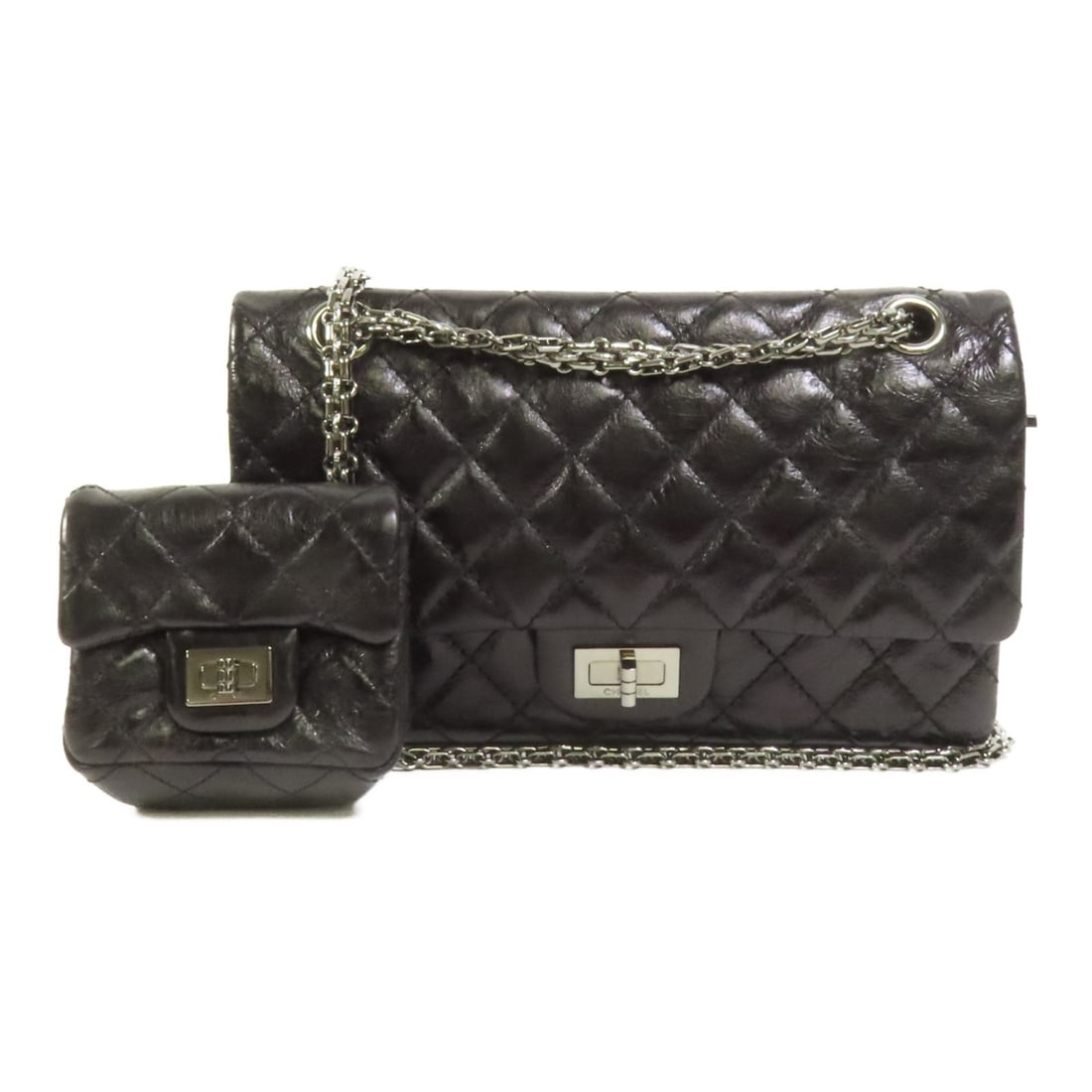 Chanel 2.55 Black Calfskin Leather CC Chain Shoulder Bag: Chanel 2.55 Black Calfskin Leather CC Chain Shoulder Bag This CHANEL CC 2.55 shoulder bag features luxurious black calfskin leather and a classic chain strap design. Crafted in France, the bag combine