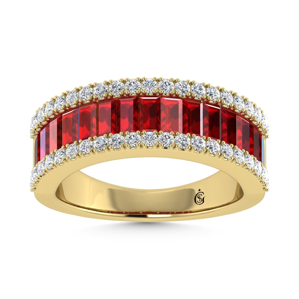 14K Yellow Gold Diamond 2 1/3 Ct. Tw. Straight Baguette Ruby Band: 14K Yellow Gold Diamond 2 1/3 Ct. Tw. Straight Baguette Ruby Band 14k Yellow Gold Stone Color: G-h Stone Clarity: Si3 Each ring is presented in standard size 6.5. Complimentary resizing is available b