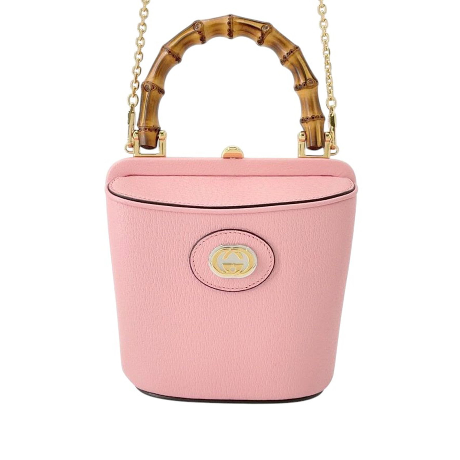 Gucci Mini Marina Pink Leather Bucket Bag with Bamboo Handle and Chain Strap: Gucci Mini Marina Pink Leather Bucket Bag with Bamboo Handle and Chain Strap This Gucci Mini Dollar Calfskin Bamboo Marina Bucket Bag features a pink leather body, a distinctive bamboo top handle, and