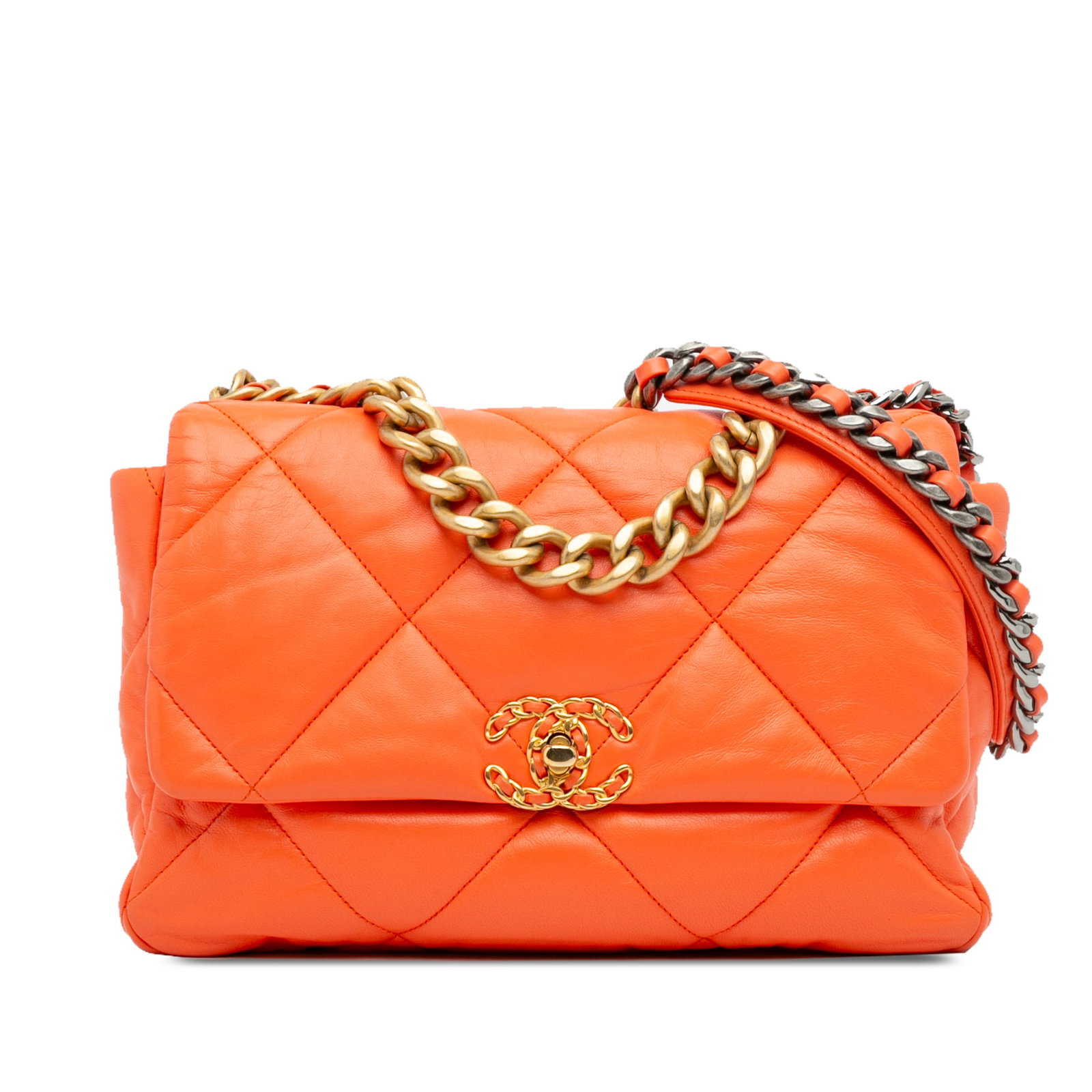 Chanel Large 19 Lambskin Flap Bag Orange Leather CC Twist Lock: Chanel Large 19 Lambskin Flap Bag Orange Leather CC Twist Lock The Chanel Large 19 Flap bag is a stunning accessory crafted from luxurious quilted lambskin leather in a vibrant orange hue. It features