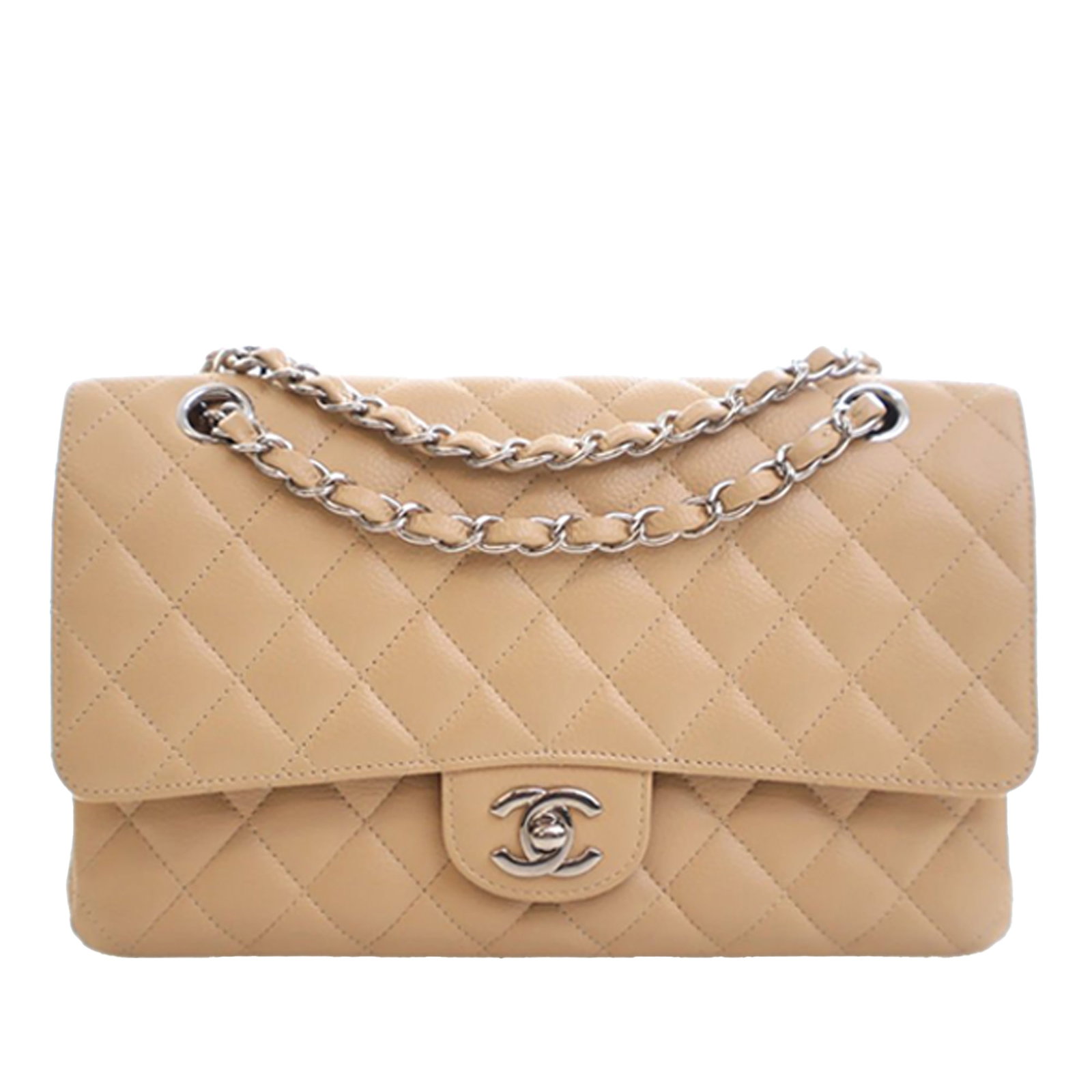 Brown Quilted Leather Shoulder Bag Chanel Medium Classic Double Flap: Brown Quilted Leather Shoulder Bag Chanel Medium Classic Double Flap This Chanel Medium Classic Caviar Double Flap shoulder bag features a quilted caviar leather body in brown, a leather-woven chain s