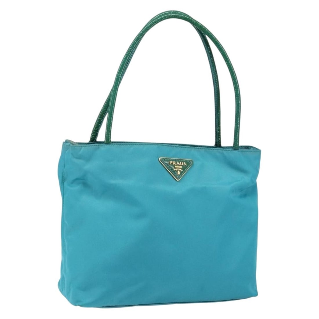Turquoise Tessuto Nylon Shoulder Bag by Prada Italy 28cm: Turquoise Tessuto Nylon Shoulder Bag by Prada Italy 28cm This Prada vintage handbag features a turquoise nylon exterior, designed for women. The bag shows signs of previous use, including surface rubb