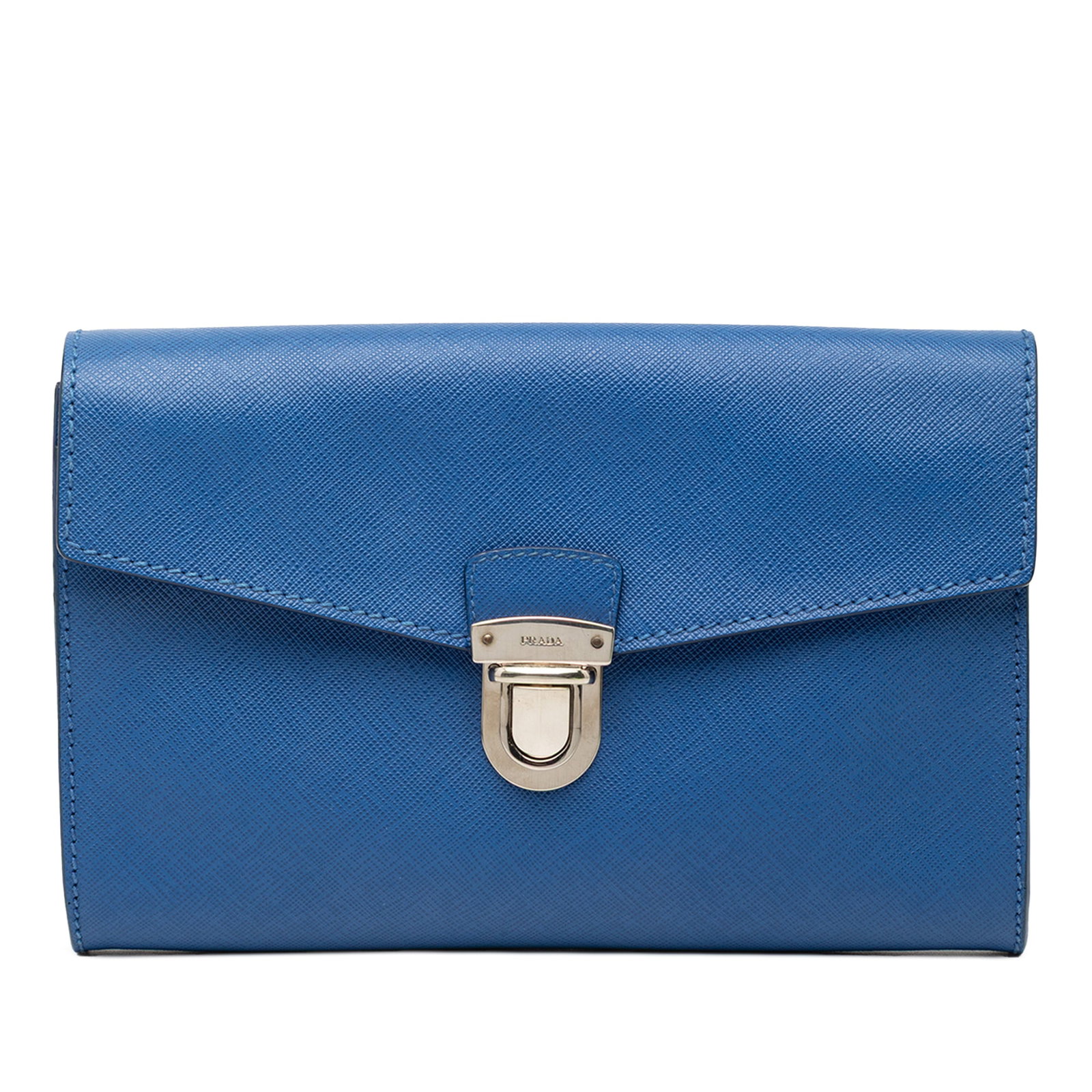 Prada Blue Saffiano Leather Envelope Clutch with Push Lock: Prada Blue Saffiano Leather Envelope Clutch with Push Lock This Prada Saffiano Envelope Pushlock Clutch features a blue saffiano leather body with a top flap and push lock closure. The design includes