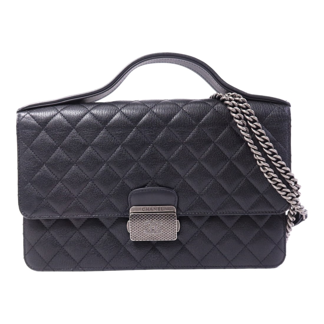 Chanel University CC Black Goatskin Convertible Flap Shoulder Bag: Chanel University CC Black Goatskin Convertible Flap Shoulder Bag This CHANEL CC University Flap Bag is crafted from black goatskin leather and features a versatile 2-way design that can be worn as a