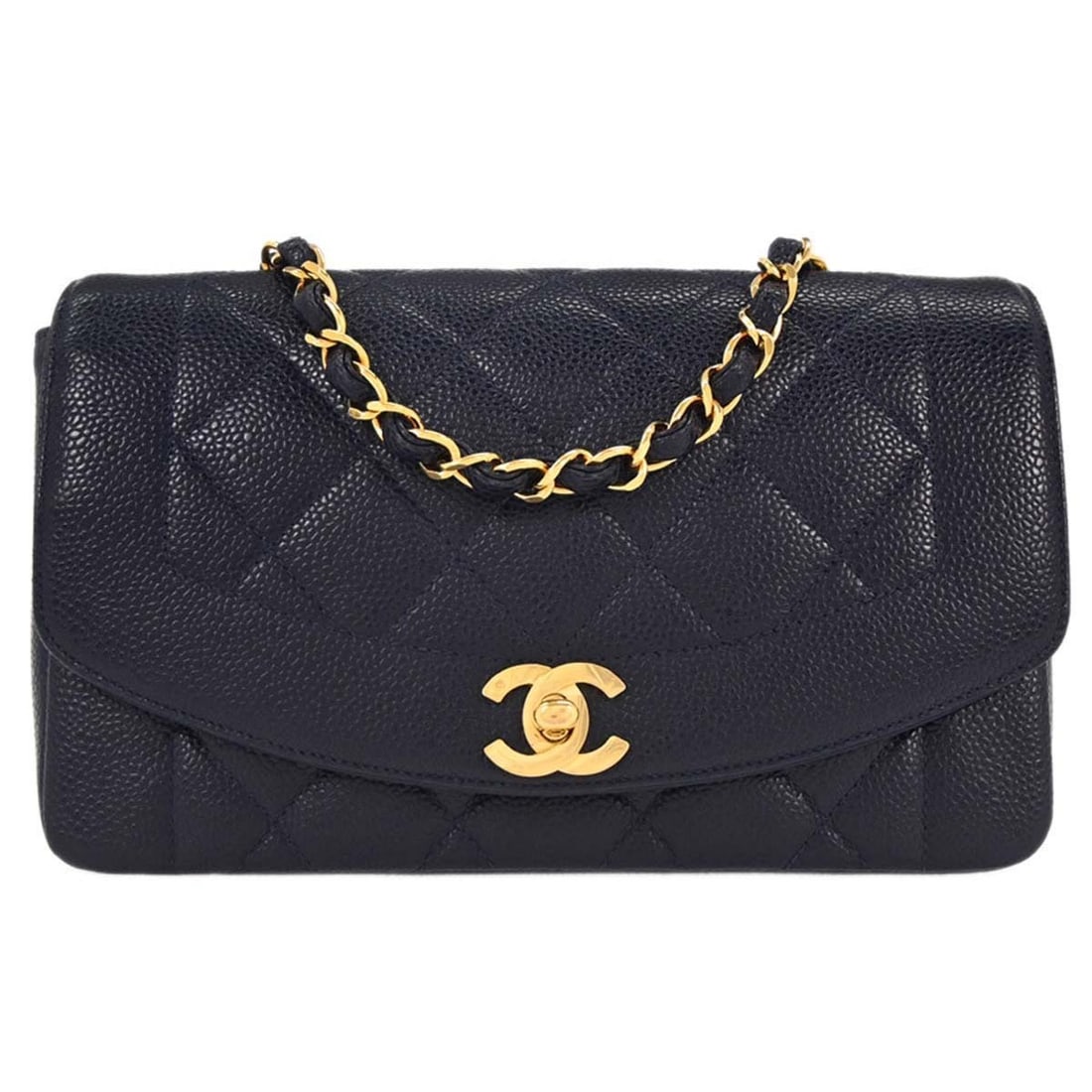 Small Navy Matelasse Leather Diana Shoulder Bag with Chain Strap: Small Navy Matelasse Leather Diana Shoulder Bag with Chain Strap This Chanel Small Diana shoulder bag features navy calfskin leather in a matelasse quilted pattern. It includes a single chain crossbod