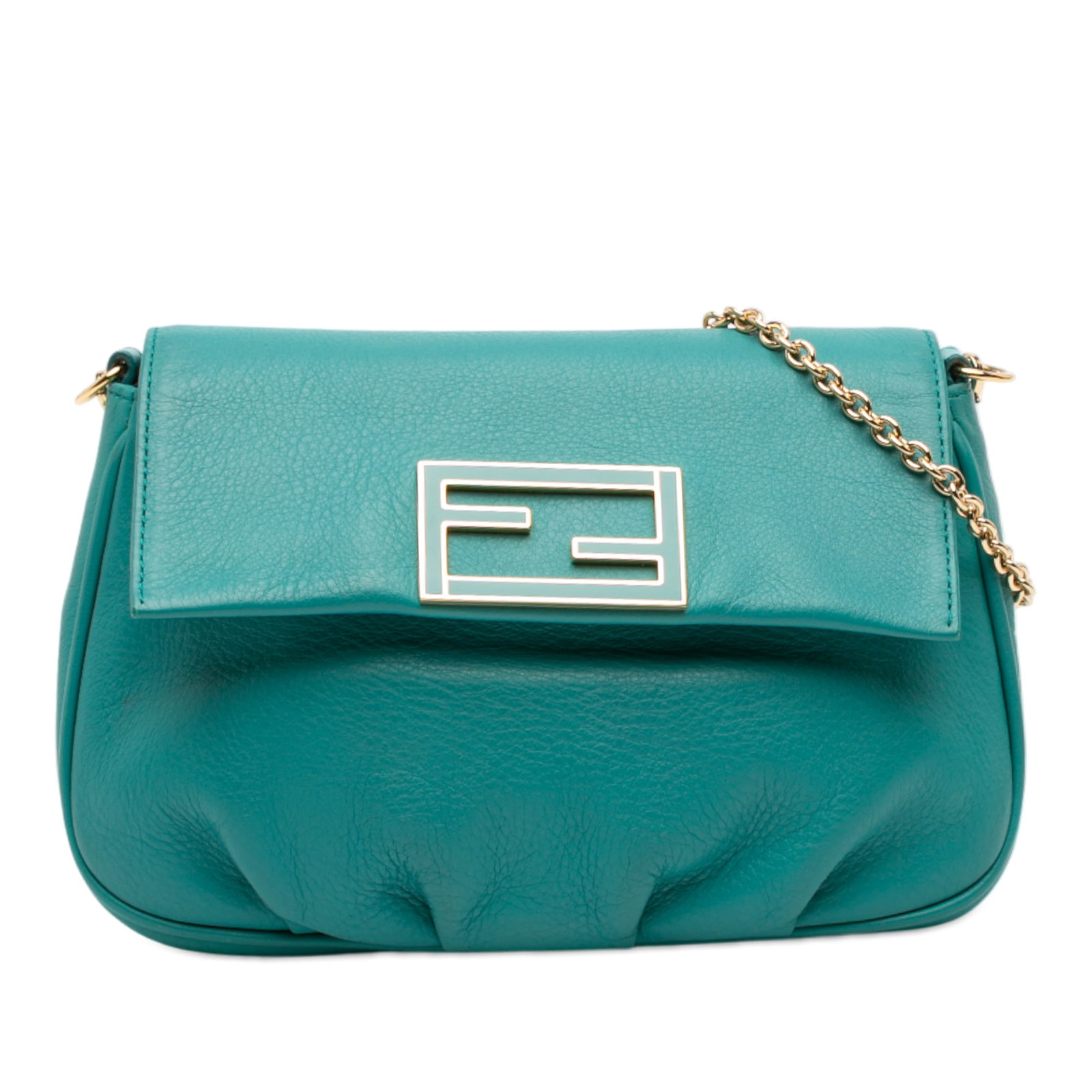 Fendi Fendista Blue Leather Pochette Crossbody Bag with Chain Strap: Fendi Fendista Blue Leather Pochette Crossbody Bag with Chain Strap This Fendista Pochette Crossbody features a blue leather body with a chain link strap, a front flap secured by a magnetic snap closu