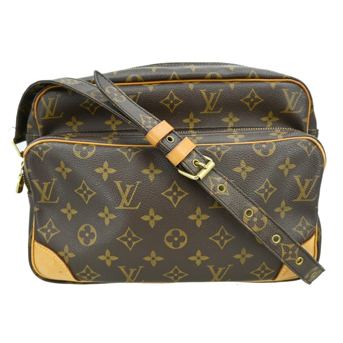 Louis Vuitton Nile Monogram Canvas Crossbody Bag Medium Brown M45244: Louis Vuitton Nile Monogram Canvas Crossbody Bag Medium Brown M45244 This Louis Vuitton Nile crossbody shoulder bag features the classic Monogram canvas leather exterior with brown leather accents and