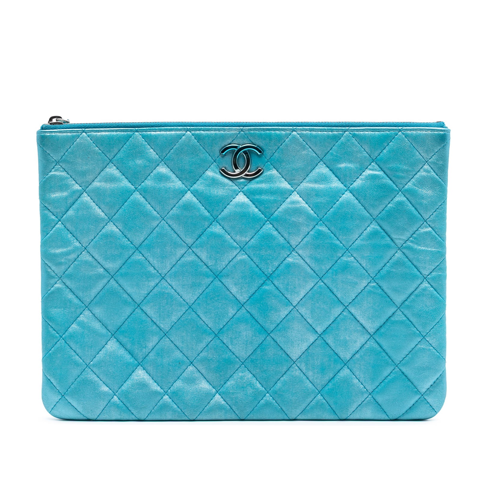 Chanel Blue Iridescent Quilted Lambskin Medium O Case Clutch Bag (1 of 7)