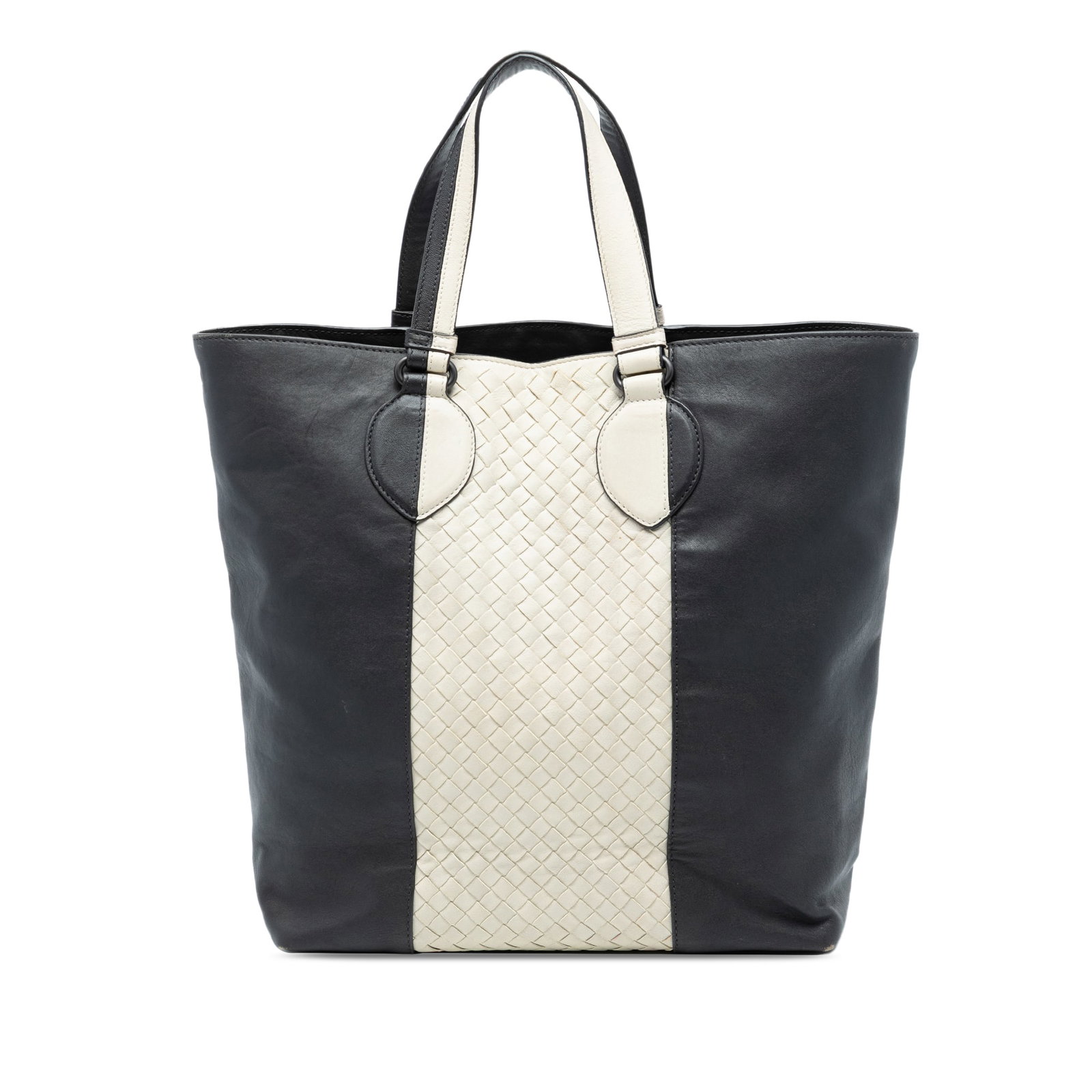 Bicolor Nappa Leather Intrecciato Satchel by Bottega Veneta: Bicolor Nappa Leather Intrecciato Satchel by Bottega Veneta This Bottega Veneta Bicolor Nappa Intrecciato Convertible Tote is crafted from nappa leather and features flat leather handles, a top zip cl