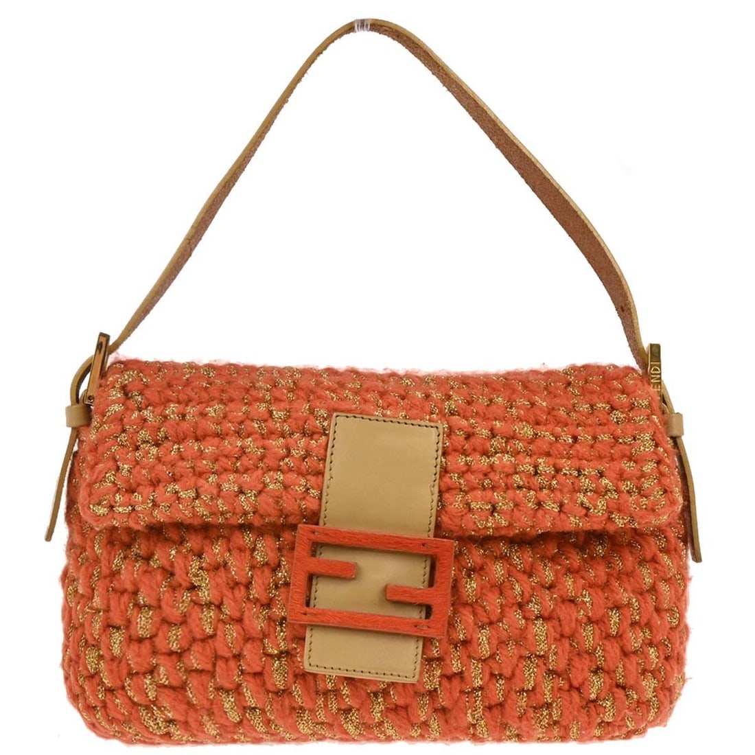 Fendi Baguette Orange Wool Shoulder Bag with Gold Accents and Adjustable Strap: Fendi Baguette Orange Wool Shoulder Bag with Gold Accents and Adjustable Strap This Fendi Baguette handbag features an orange wool exterior with a gold-tone accent and a logo detail. Designed for casu