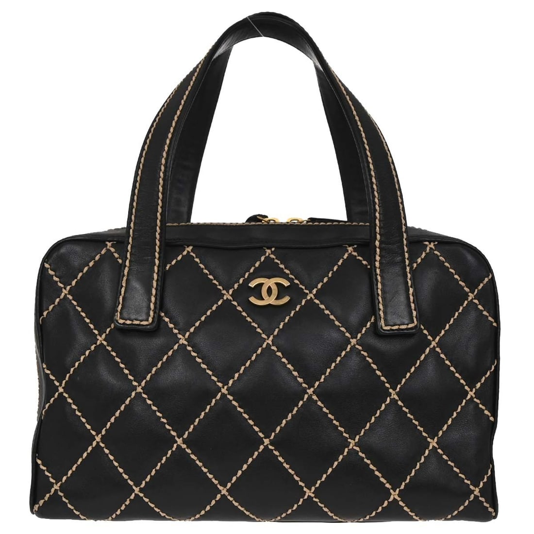 Chanel Wild Stitch Calfskin Black Quilted Handbag with Top Handle: Chanel Wild Stitch Calfskin Black Quilted Handbag with Top Handle This Chanel Wild Stitch handbag is crafted from black calfskin leather and features a quilted pattern. Designed with a top handle and