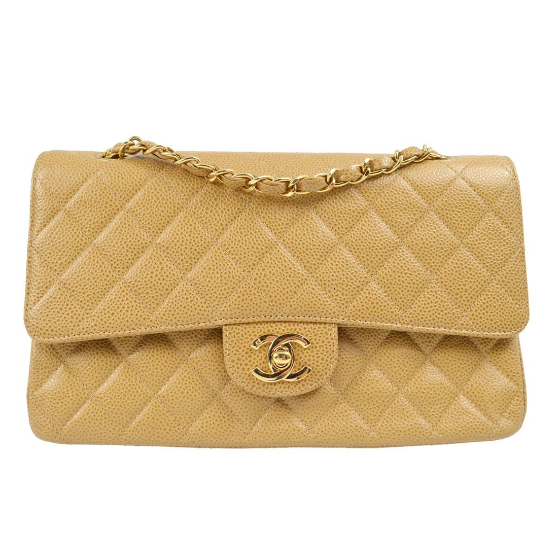 Chanel Beige Caviar Leather Medium Classic Double Flap Shoulder Bag: Chanel Beige Caviar Leather Medium Classic Double Flap Shoulder Bag Elevate your style with this Chanel Medium Classic Double Flap Shoulder Bag, exquisitely crafted in luxurious beige caviar skin leat