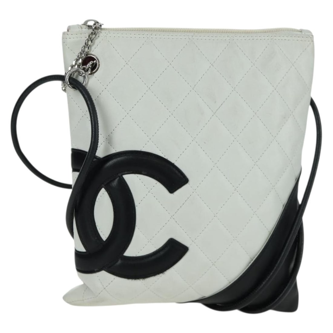 Chanel Cambon Matelasse White Leather Shoulder Bag with Silver CC Logo: Chanel Cambon Matelasse White Leather Shoulder Bag with Silver CC Logo This CHANEL Matelasse Cambon Line shoulder bag features a white leather exterior with silver accents and the iconic CC logo. Desi