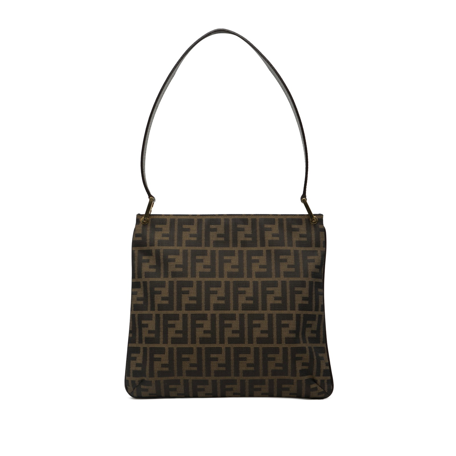 Brown Fabric Fendi Shoulder Bag with Leather Trim and Interior Zip Pocket: Brown Fabric Fendi Shoulder Bag with Leather Trim and Interior Zip Pocket This Fendi Zucca Canvas Shoulder Bag features a brown canvas body with leather trim, a flat leather strap, an open top, and an