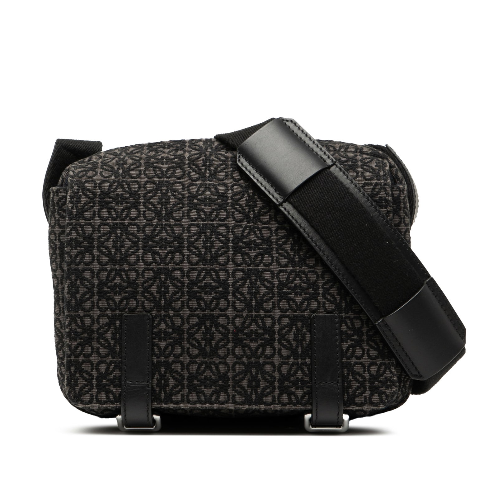 LOEWE XS Anagram Military Canvas Crossbody Bag Black: LOEWE XS Anagram Military Canvas Crossbody Bag Black The LOEWE XS Anagram Canvas Military Messenger Bag is a stylish crossbody bag crafted from durable canvas with leather trim. It features an adjusta