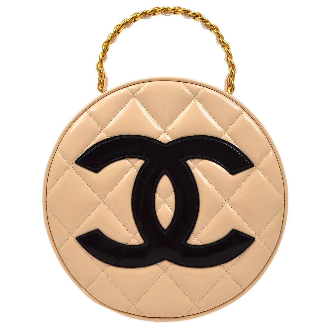 Chanel Quilted Beige Patent Leather Medium Round Vanity Bag with Chain Strap: Chanel Quilted Beige Patent Leather Medium Round Vanity Bag with Chain Strap This Chanel vanity handbag is crafted from beige patent leather with a matelasse quilted pattern and features a round silho