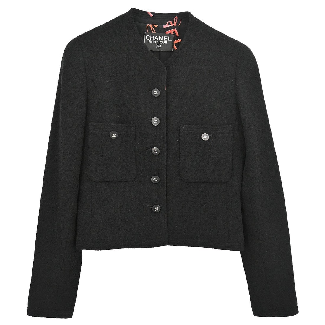 Black Mid-Length Wool Blend Chanel Jacket with Logo Buttons (1 of 12)