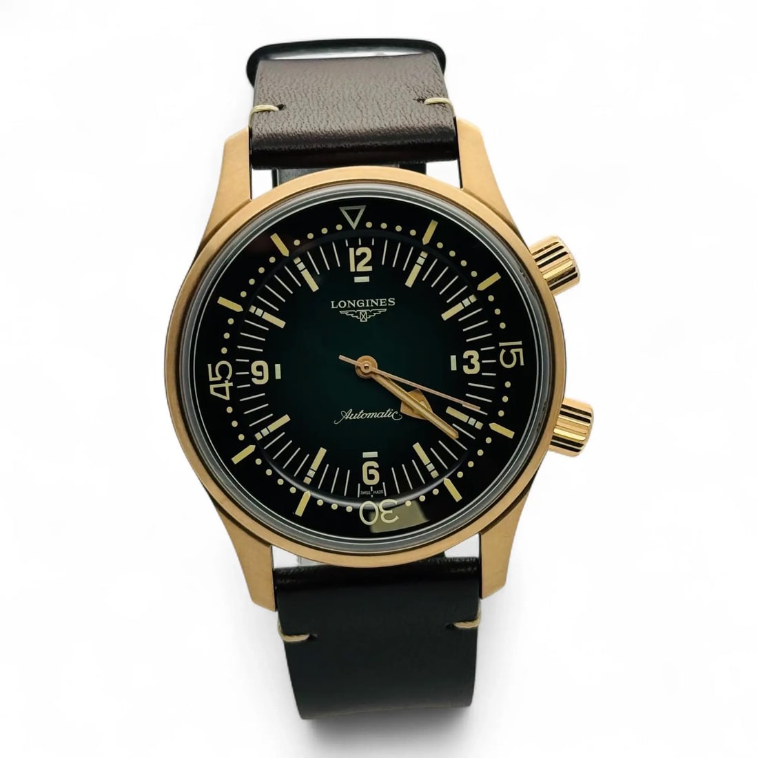 Legend Diver Automatic 42mm Green Dial Bronze Wristwatch by Longines: Legend Diver Automatic 42mm Green Dial Bronze Wristwatch by Longines This Longines Legend Diver wristwatch features a 42mm bronze case with a green dial and brown leather strap. It is powered by a mec