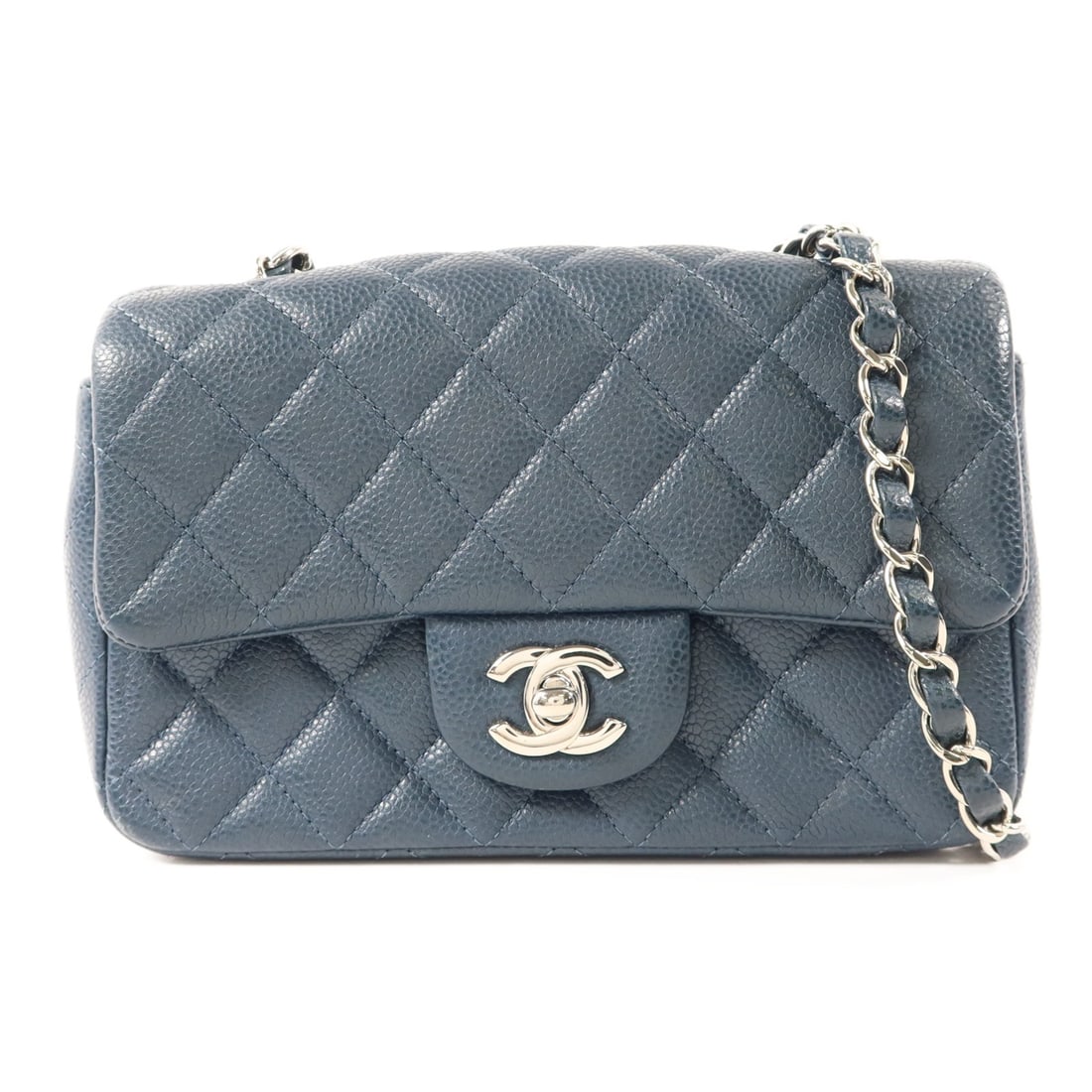 Blue Calfskin Classic 20 Shoulder Bag with Silver Hardware by CHANEL: Blue Calfskin Classic 20 Shoulder Bag with Silver Hardware by CHANEL This CHANEL CC Classic 20 chain shoulder bag features a blue calfskin leather exterior, offering a sophisticated look. Designed for