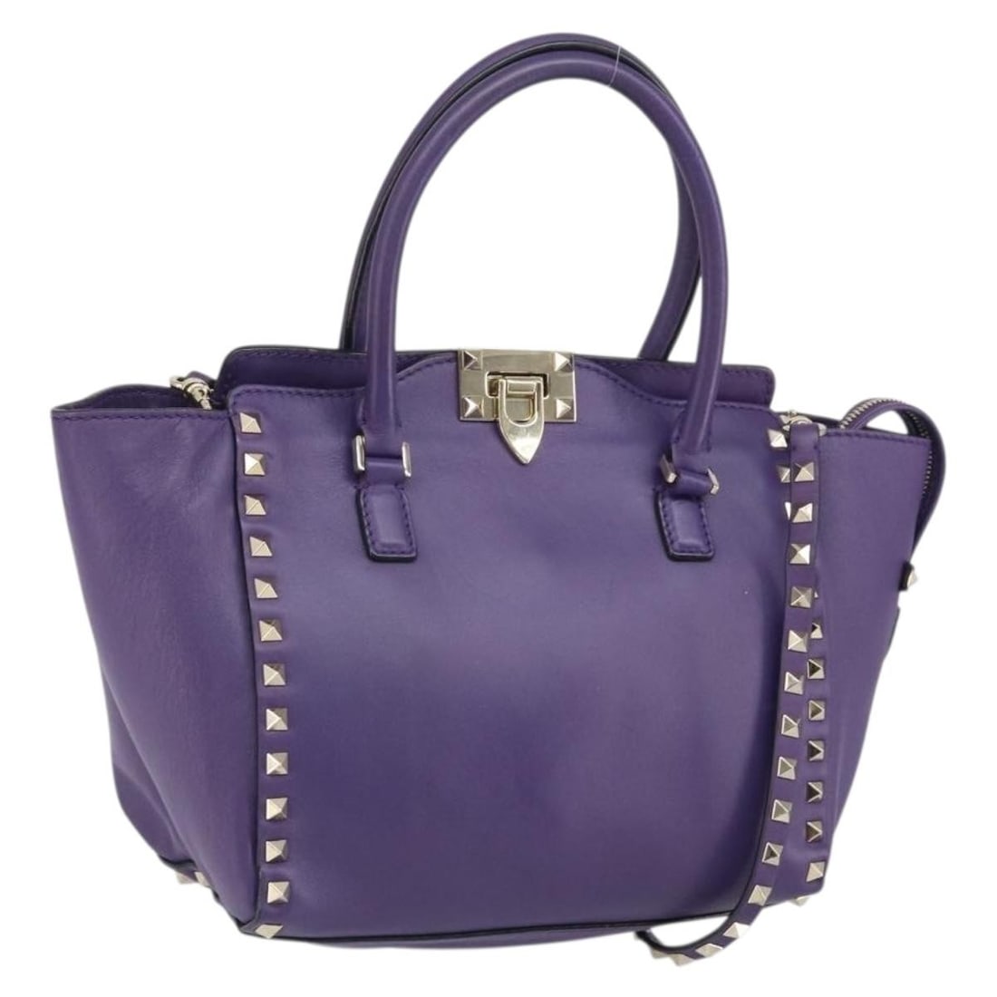 Valentino Purple Leather Tote with Gold Accents and Shoulder Strap: Valentino Purple Leather Tote with Gold Accents and Shoulder Strap This Valentino tote bag is crafted from leather in a striking purple and gold color combination. Featuring both top handles and a det