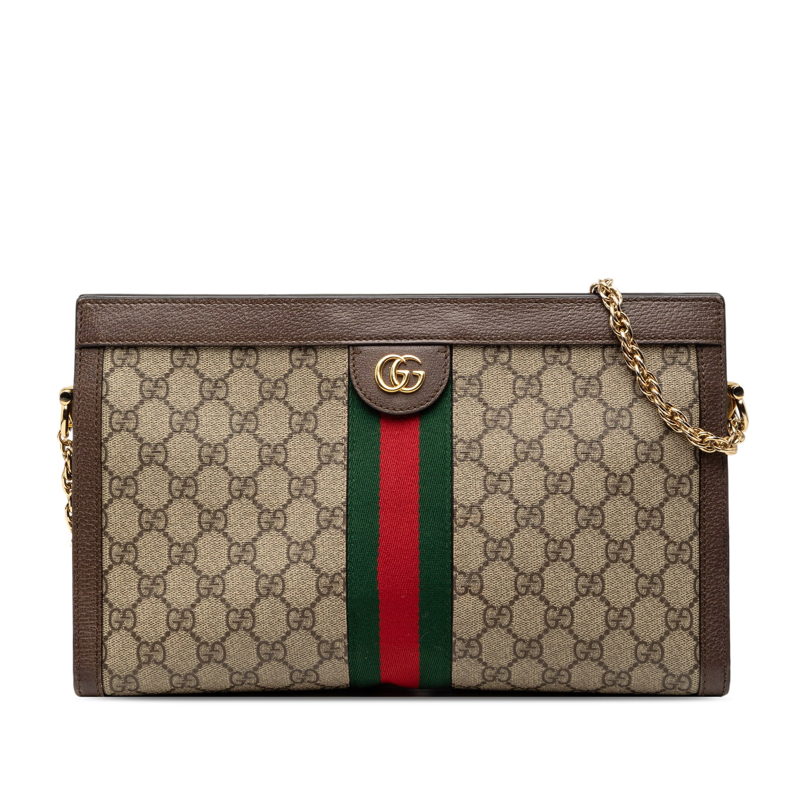 Gucci Ophidia Medium GG Supreme Chain Strap Shoulder Bag: Gucci Ophidia Medium GG Supreme Chain Strap Shoulder Bag This Gucci Medium GG Supreme Web Ophidia chain shoulder bag features a coated canvas body with leather trim. It is designed with a chain link s