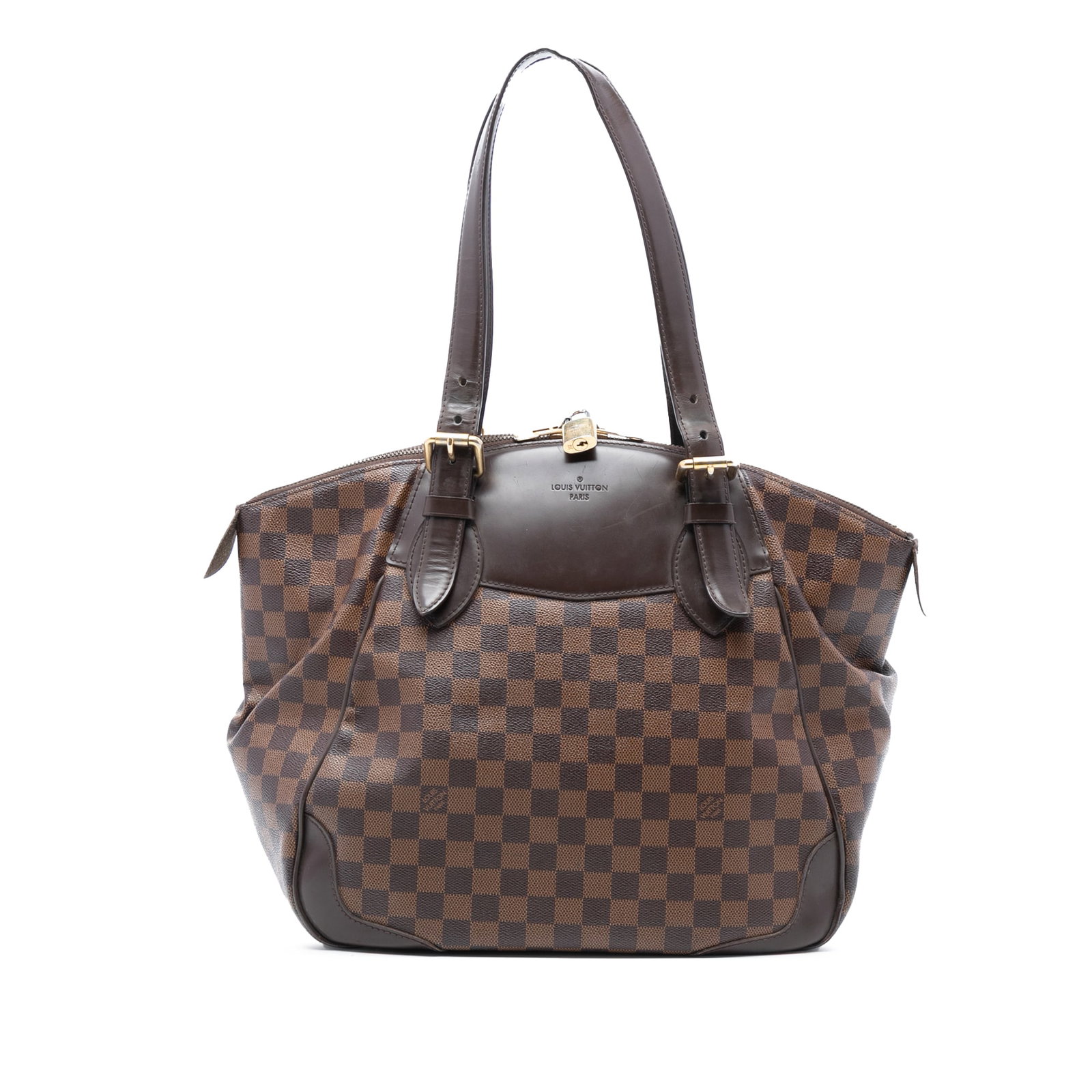 Louis Vuitton Verona GM Damier Ebene Canvas Tote with Leather Trim: Louis Vuitton Verona GM Damier Ebene Canvas Tote with Leather Trim The Louis Vuitton Damier Ebene Verona GM features a brown Damier Ebene canvas body with leather trim, adjustable flat leather straps,