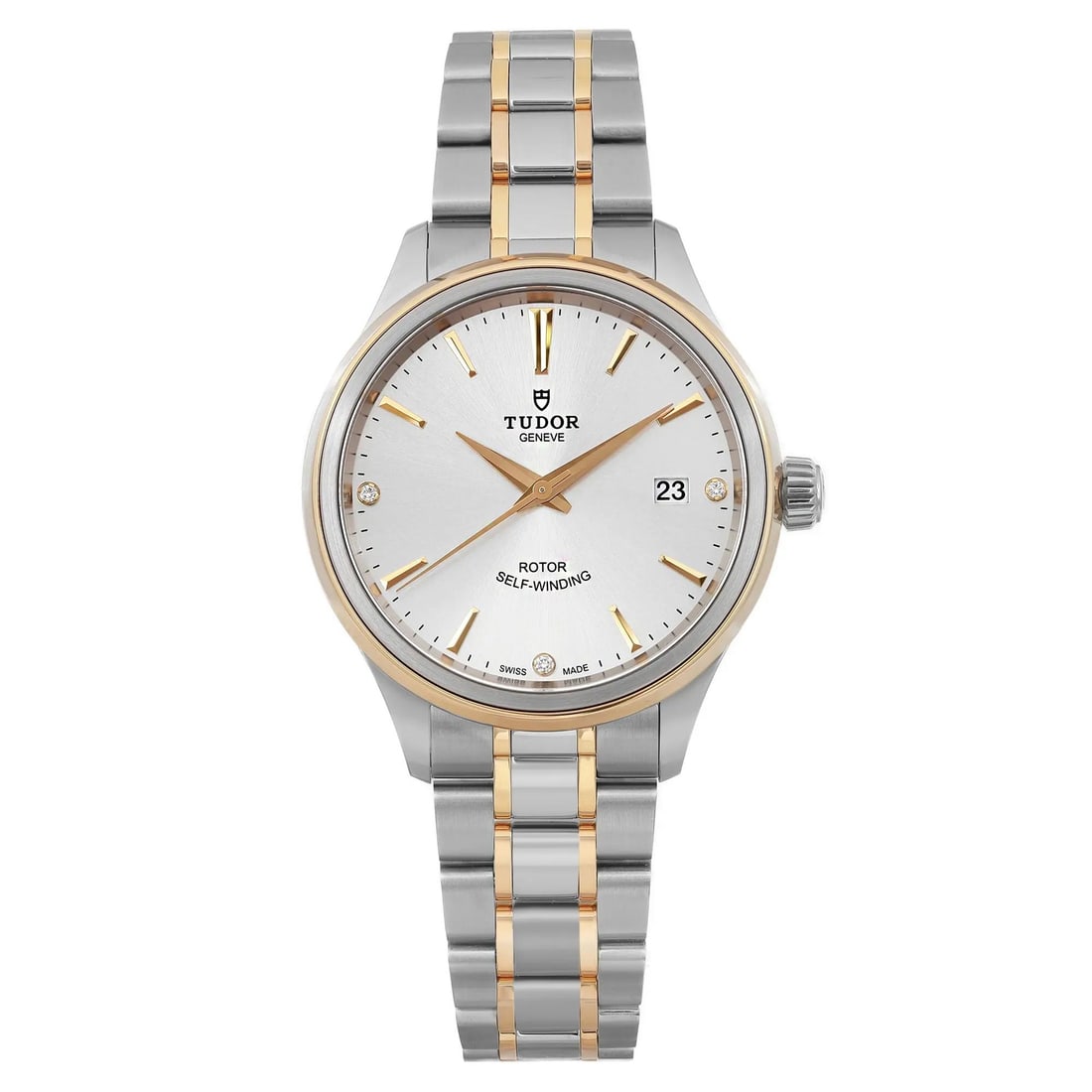 TUDOR Style 38mm Gold Steel Diamond Dial Automatic Watch 12503-0005: TUDOR Style 38mm Gold Steel Diamond Dial Automatic Watch 12503-0005 This Tudor Style men's wristwatch features a sophisticated 38mm round case with a brushed silver gold finish. The elegant silver dia