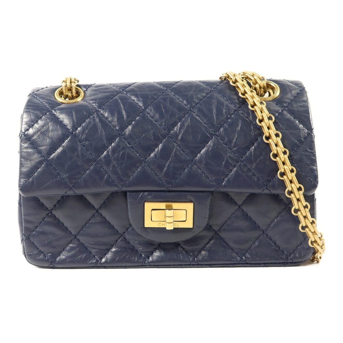 Chanel 2.55 Blue Calfskin Shoulder Bag with Gold Tone Hardware: Chanel 2.55 Blue Calfskin Shoulder Bag with Gold Tone Hardware This Chanel CC 2.55 chain shoulder bag is crafted from blue calfskin leather and features a classic design with gold tone hardware. The b
