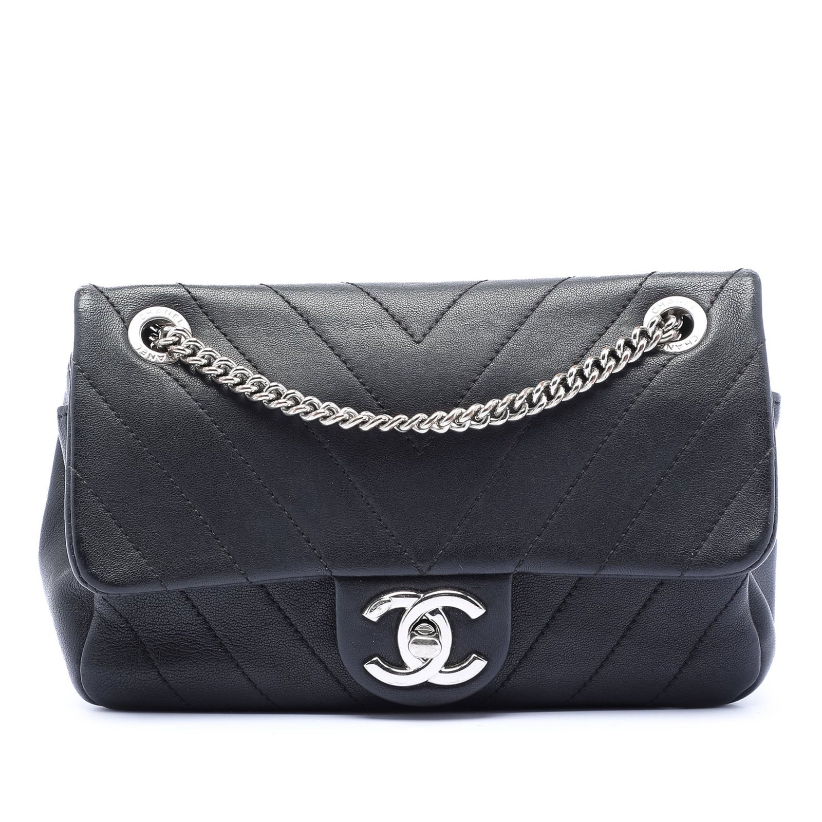 Chanel Mini Chevron Quilted Leather Flap Bag with CC Turn Lock: Chanel Mini Chevron Quilted Leather Flap Bag with CC Turn Lock This Chanel Mini CC Chevron Calfskin Single Flap bag features quilted leather construction in black, a chain strap with a leather shoulde