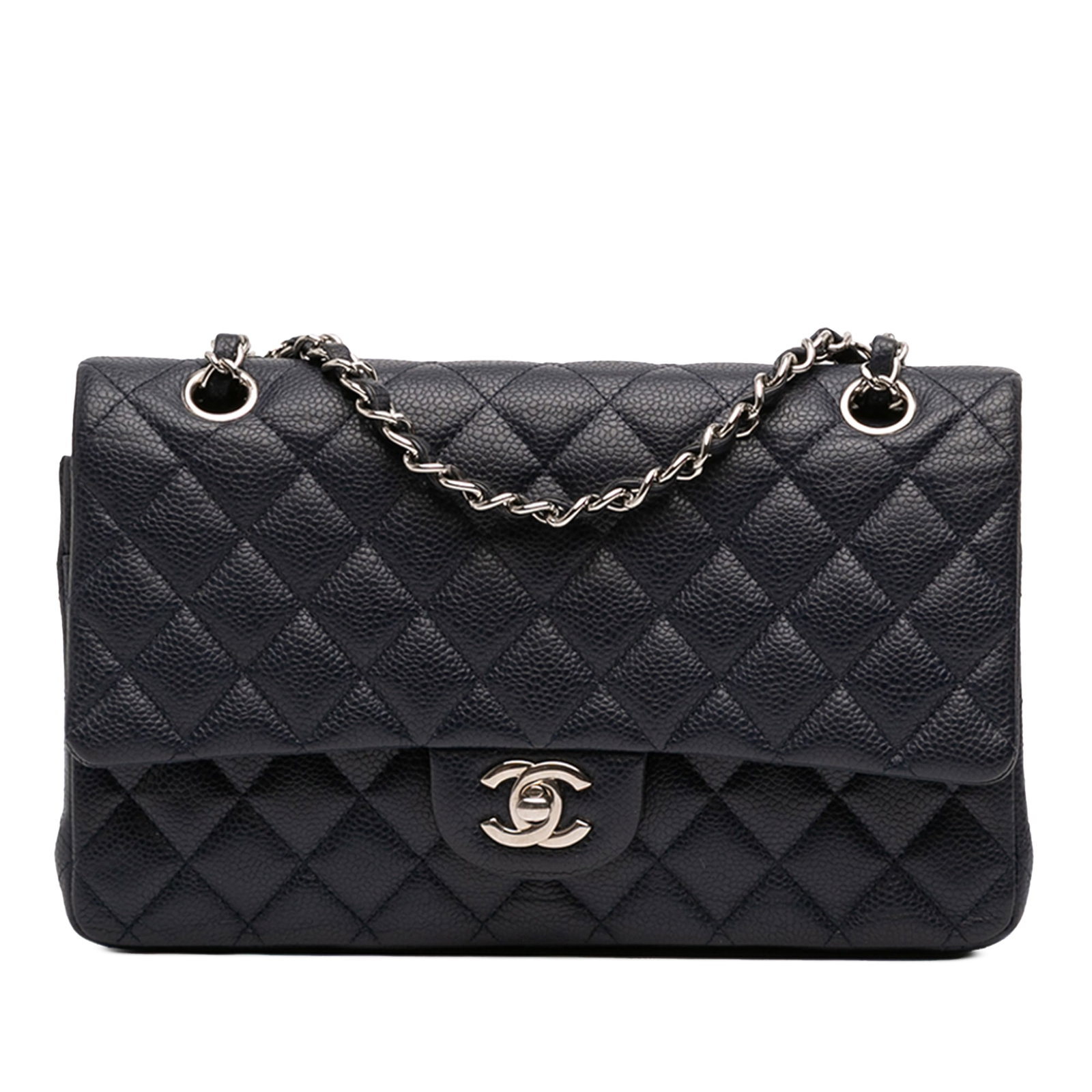 Blue Caviar Leather Medium Double Flap Shoulder Bag by Chanel: Blue Caviar Leather Medium Double Flap Shoulder Bag by Chanel This Chanel Medium Classic Double Flap shoulder bag is crafted from quilted caviar leather in blue and features a leather-woven chain link