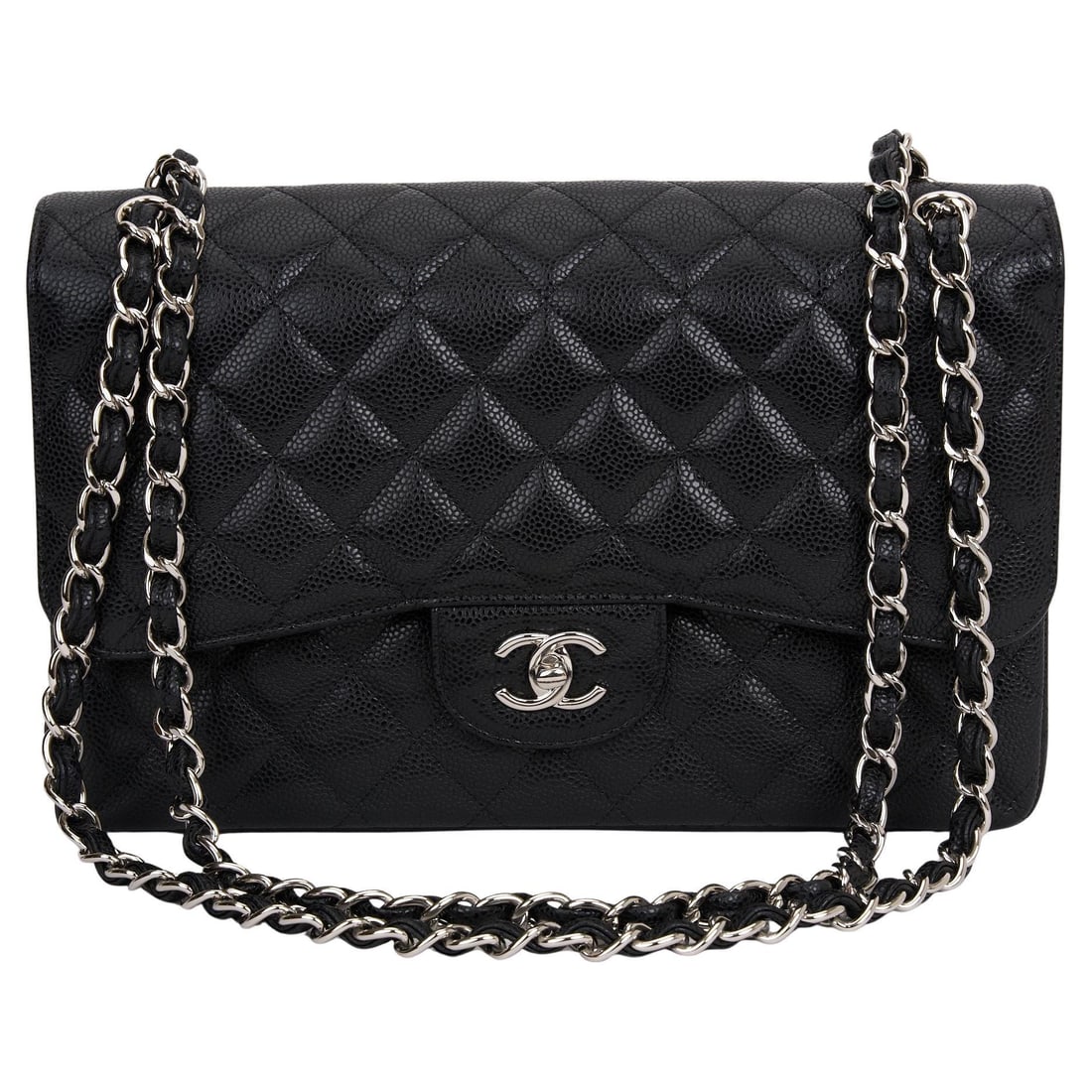 Chanel Jumbo Caviar Double Flap Bag Black with Silver-tone Hardware: Chanel Jumbo Caviar Double Flap Bag Black with Silver-tone Hardware This Chanel Jumbo Classic Double Flap Bag is a timeless piece crafted from luxurious black caviar leather and adorned with elegant s