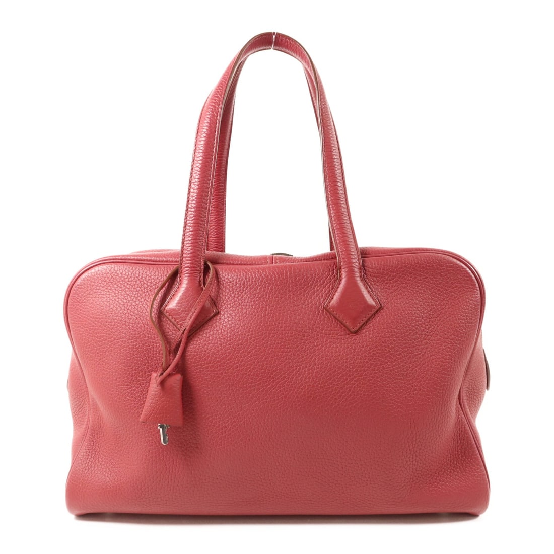 Hermes Victoria Rubis Calfskin Handbag with Palladium Hardware: Hermes Victoria Rubis Calfskin Handbag with Palladium Hardware This Hermes Victoria handbag is crafted from Clemence calfskin leather in a rich red hue. Designed for women, it features a spacious inte