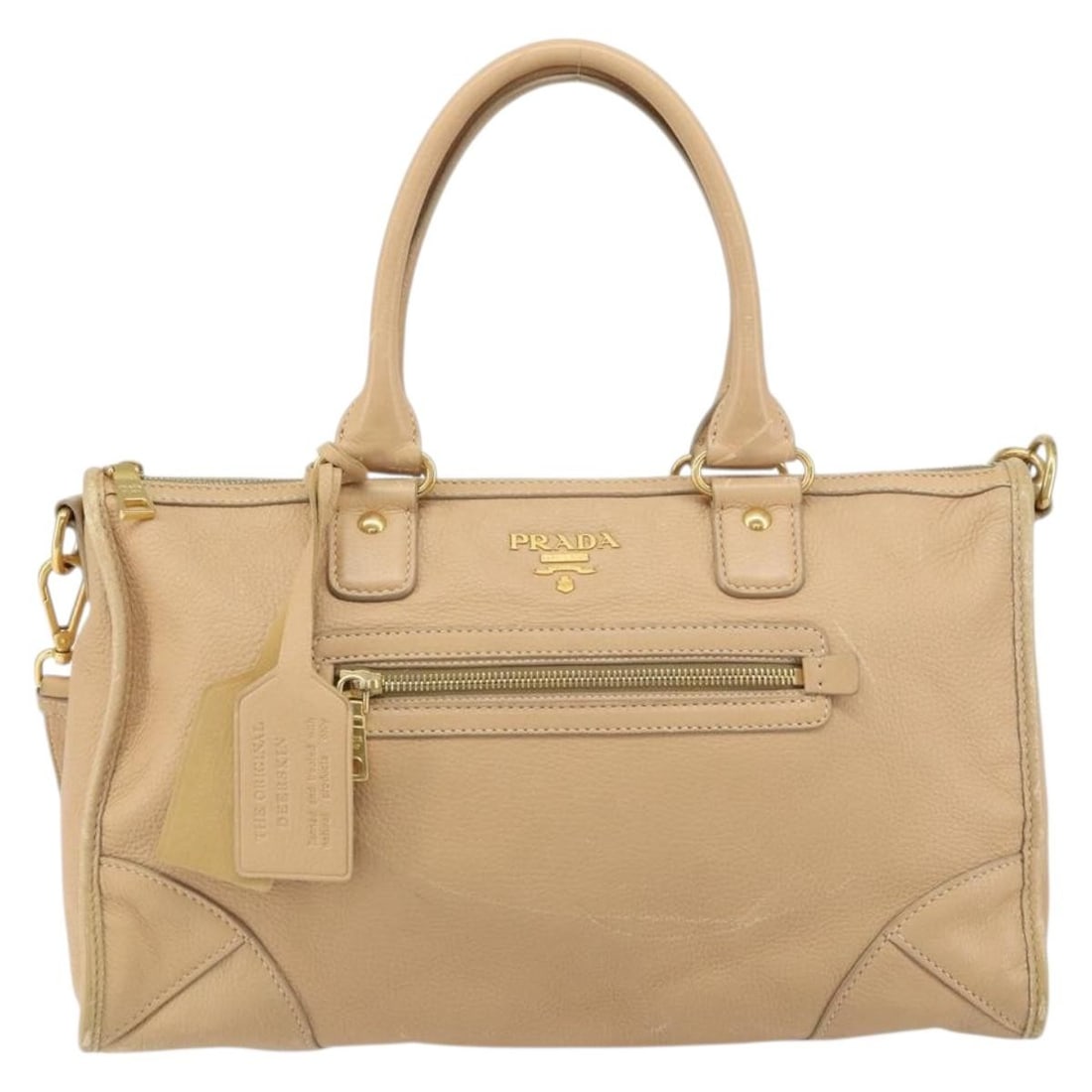 Prada Cervo Leather Convertible Satchel with Front Zip Beige (1 of 18)