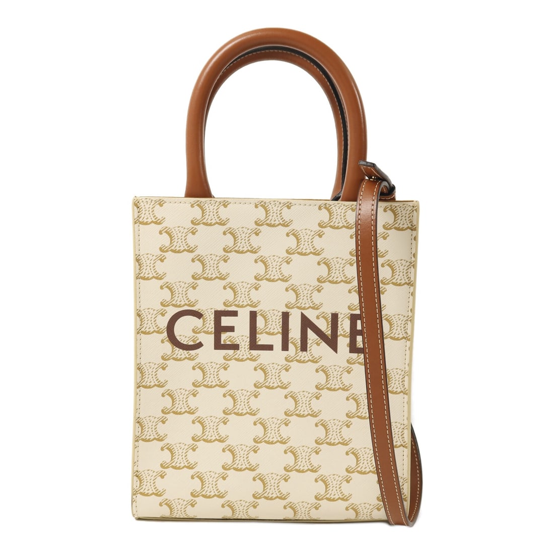 CELINE Mini Vertical 2 Way Shoulder Bag in White and Brown Coated Canvas (1 of 13)