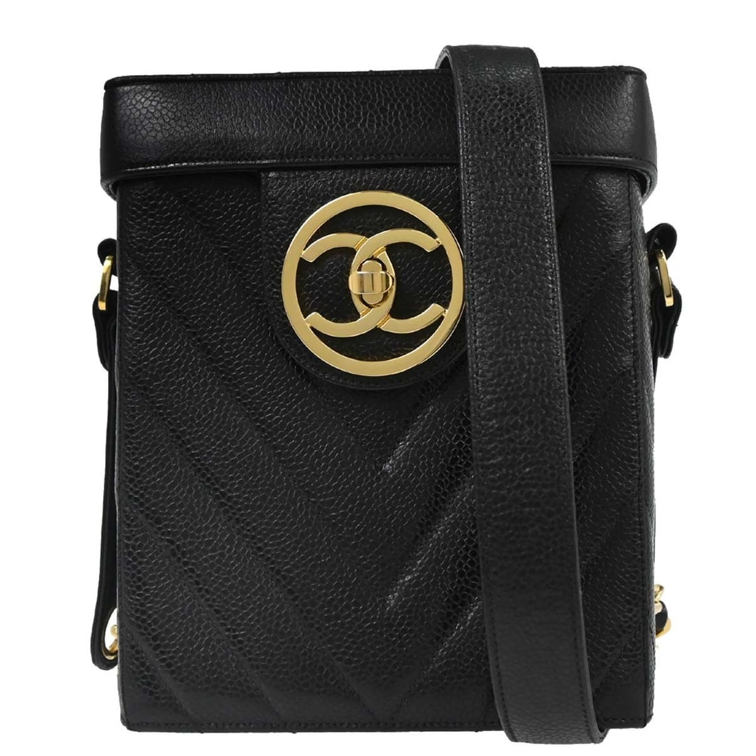 Chanel Chevron Quilted Black Calfskin Small Vanity Chain Shoulder Bag: Chanel Chevron Quilted Black Calfskin Small Vanity Chain Shoulder Bag This Chanel shoulder bag features black calfskin leather with a chevron matelasse quilted pattern. The bag is designed with a turn
