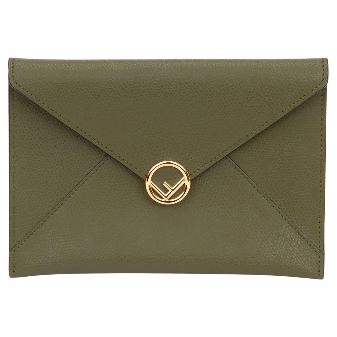 Fendi Olive Green Calfskin Envelope Pouch Medium New with Box: Fendi Olive Green Calfskin Envelope Pouch Medium New with Box Introducing the Fendi Envelope Pouch, a stylish and functional accessory crafted from textured calfskin leather in a sophisticated olive g