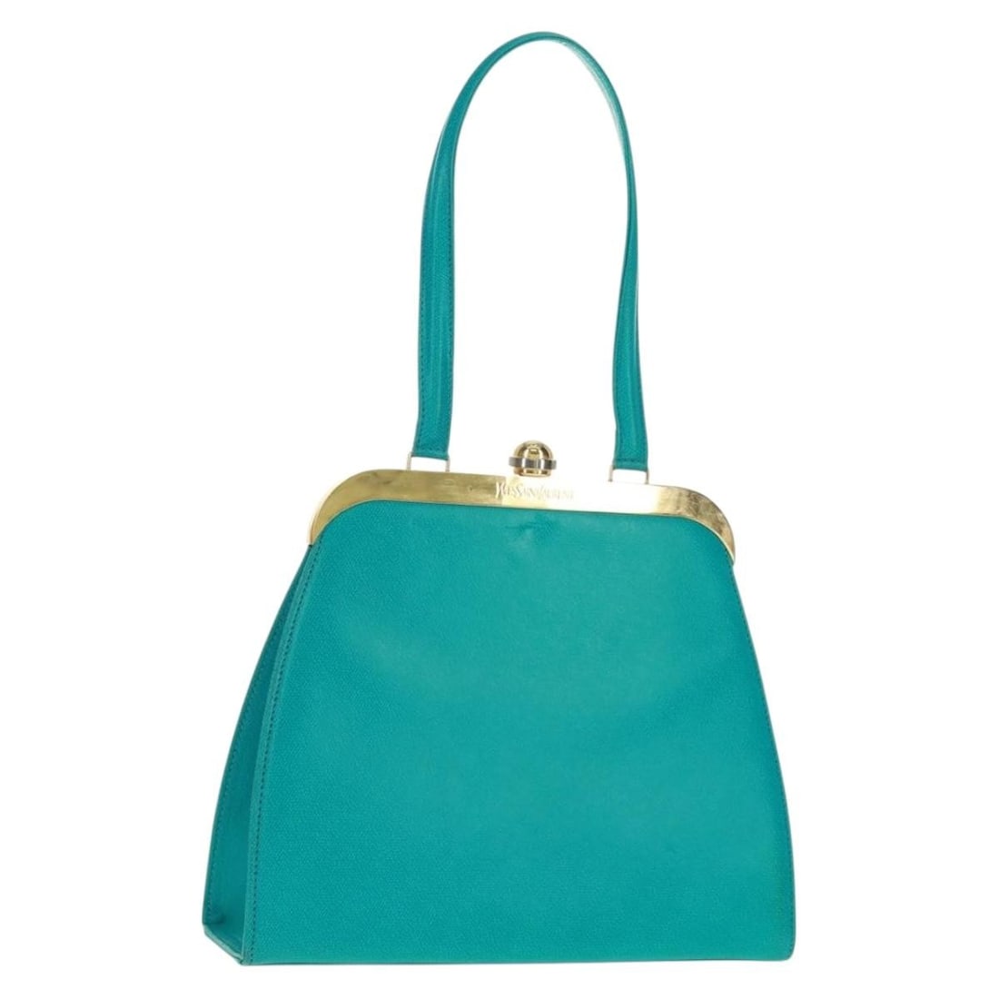 Light Blue Leather Saint Laurent Handbag with Gold Accents and Dust Bag: Light Blue Leather Saint Laurent Handbag with Gold Accents and Dust Bag This Saint Laurent handbag features a light blue leather exterior with gold-tone accents. The bag offers a structured silhouette