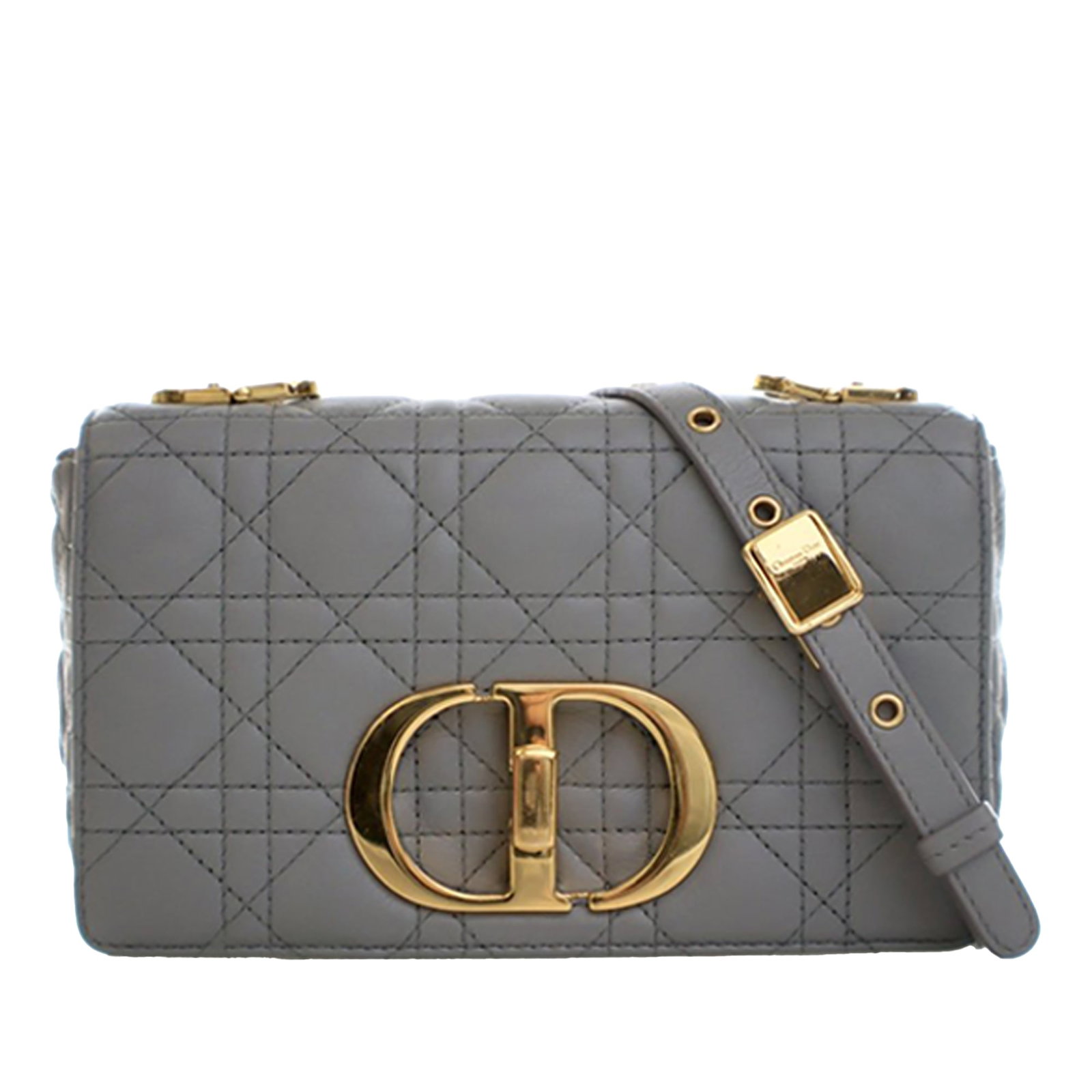 Dior Caro Small Quilted Leather Crossbody Bag with Chain Strap: Dior Caro Small Quilted Leather Crossbody Bag with Chain Strap This Dior Small Calfskin Cannage Caro Crossbody features a quilted leather exterior in gray, complemented by a chain link and adjustable