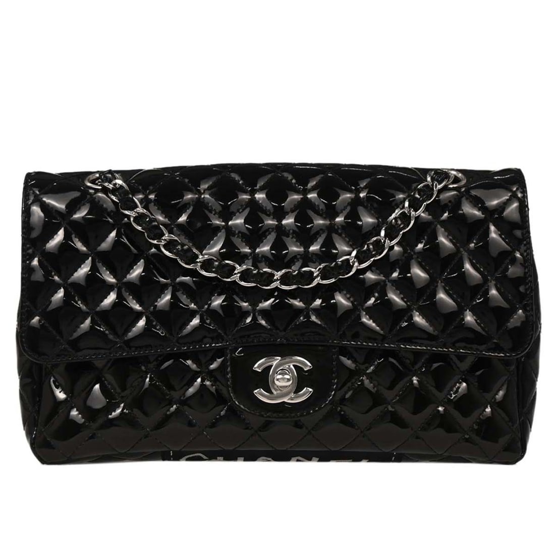 Chanel Black Patent Leather Classic Flap Shoulder Bag: Chanel Black Patent Leather Classic Flap Shoulder Bag Elevate your style with this Chanel Black Patent Leather Secret Label Single Flap Shoulder Bag. Crafted in France, this stylish and elegant bag fe