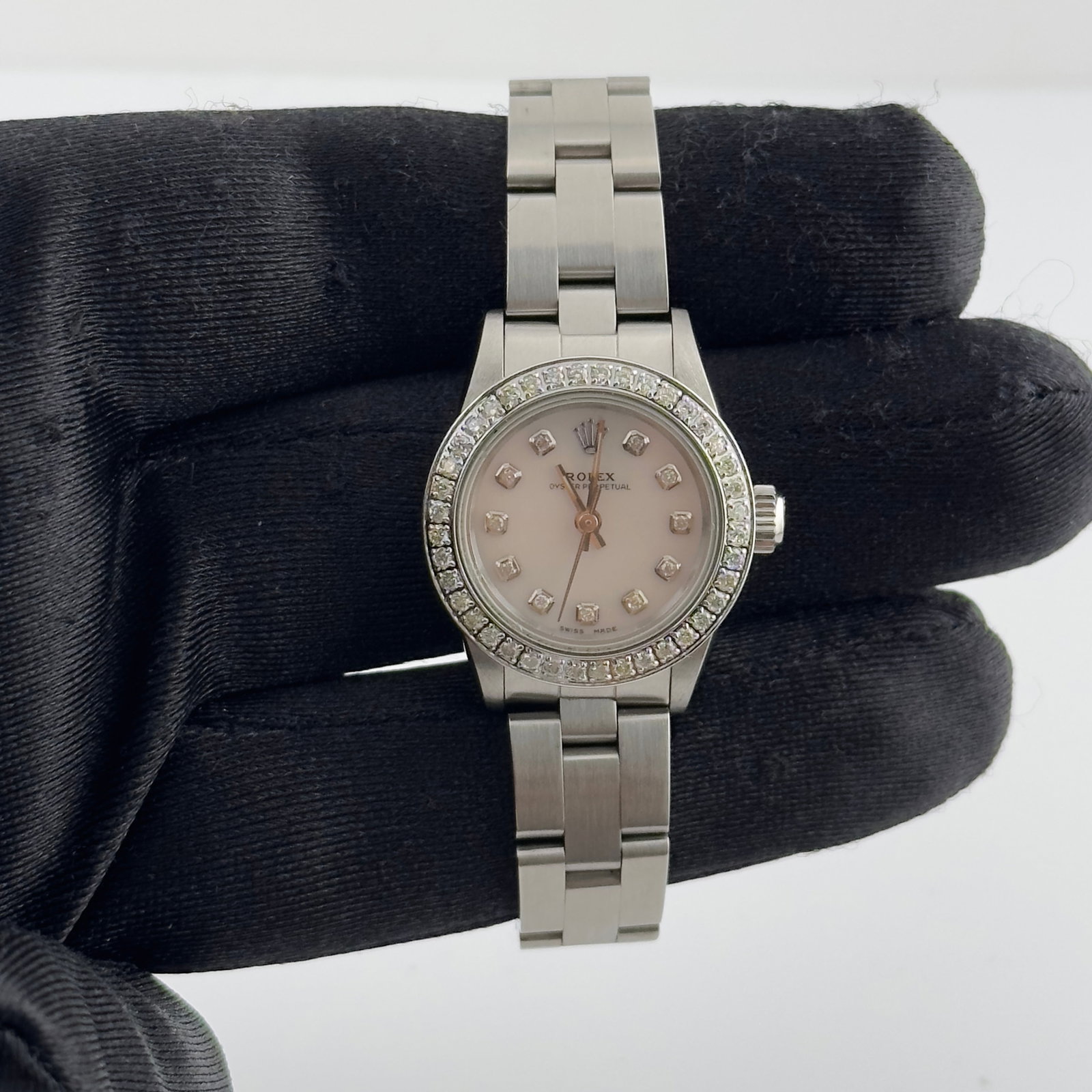 Ladies Rolex 76080 Oyster Perpetual Aftermarket White Mother of Pearl Dial Watch (1 of 3)