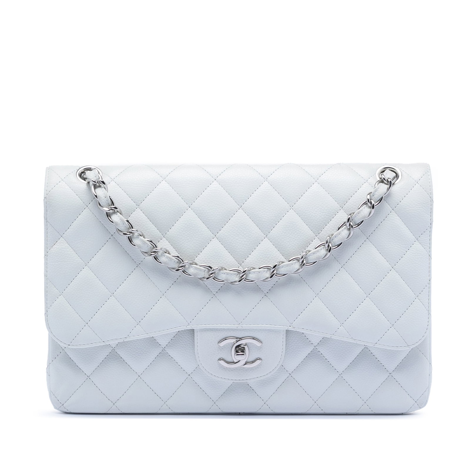 White Chanel Jumbo Classic Double Flap Caviar Leather Shoulder Bag: White Chanel Jumbo Classic Double Flap Caviar Leather Shoulder Bag This Chanel Jumbo Classic Caviar Double Flap bag showcases a quilted caviar leather exterior in white, complemented by leather-woven