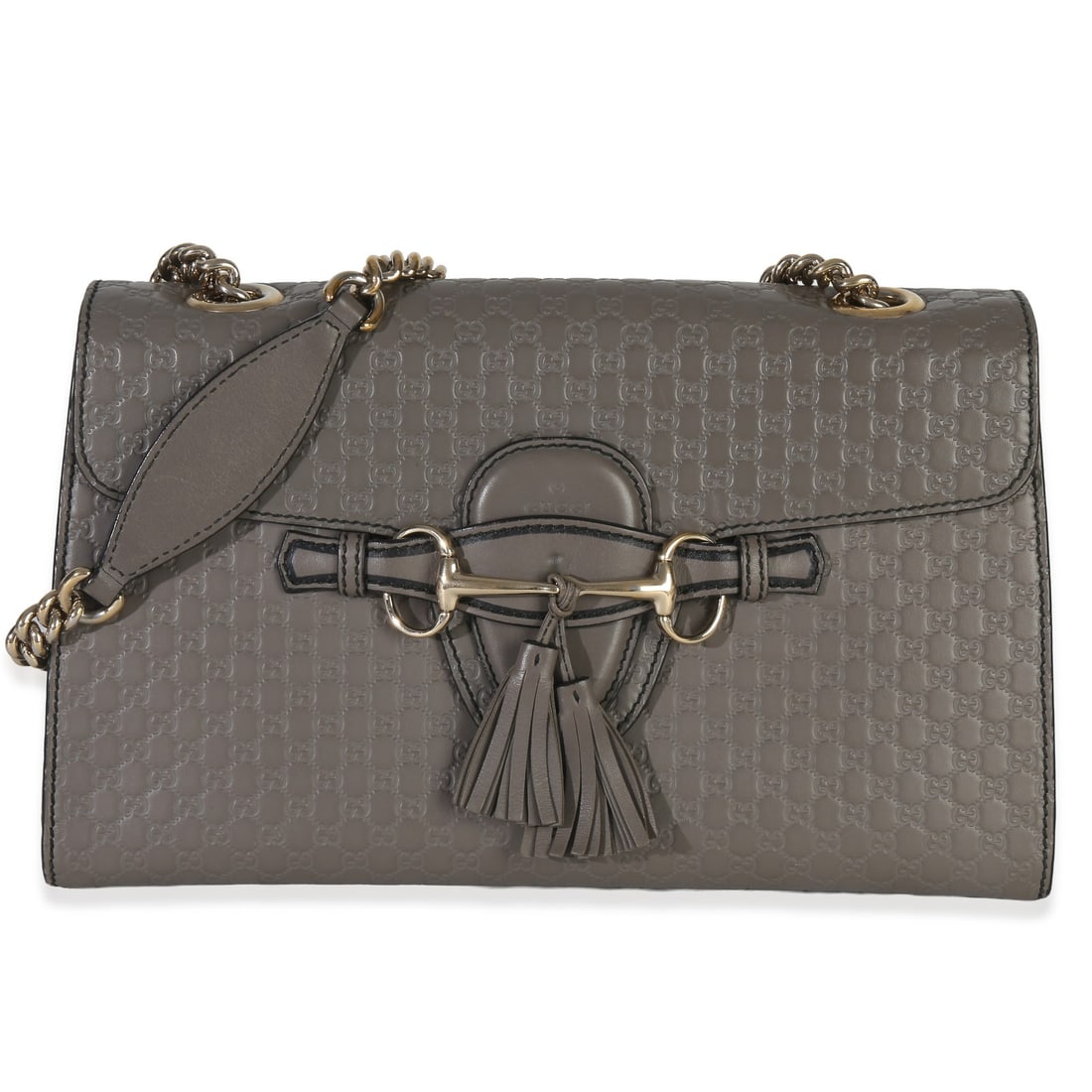 Gucci Guccissima Emily Medium Chain Shoulder Bag in Grey Leather: Gucci Guccissima Emily Medium Chain Shoulder Bag in Grey Leather This Gucci Guccissima Emily Medium Chain Shoulder Bag features a gray leather exterior with a signature embossed pattern. Designed with