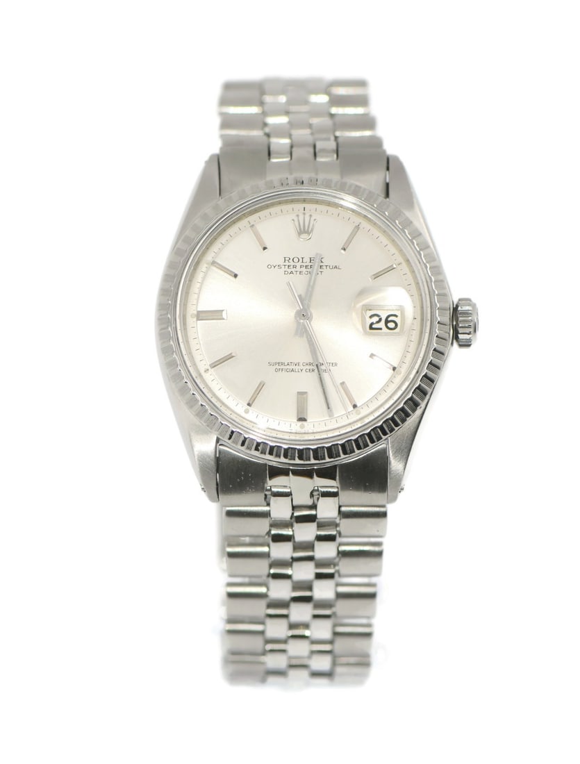 Datejust 1603 Silver Dial 36mm Automatic Wristwatch With Box: Datejust 1603 Silver Dial 36mm Automatic Wristwatch With Box This Rolex Datejust wristwatch, reference 1603, features a 36 mm stainless steel case and a matching stainless steel band. The watch has a
