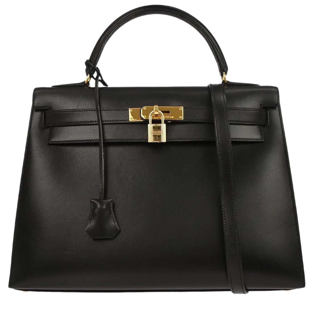 Hermes Kelly 32 Black Box Calf Gold Hardware Top Handle Bag: Hermes Kelly 32 Black Box Calf Gold Hardware Top Handle Bag This Hermes Kelly 32 Sellier handbag is crafted from black box calf leather and features gold-tone hardware. The medium-sized bag is designe