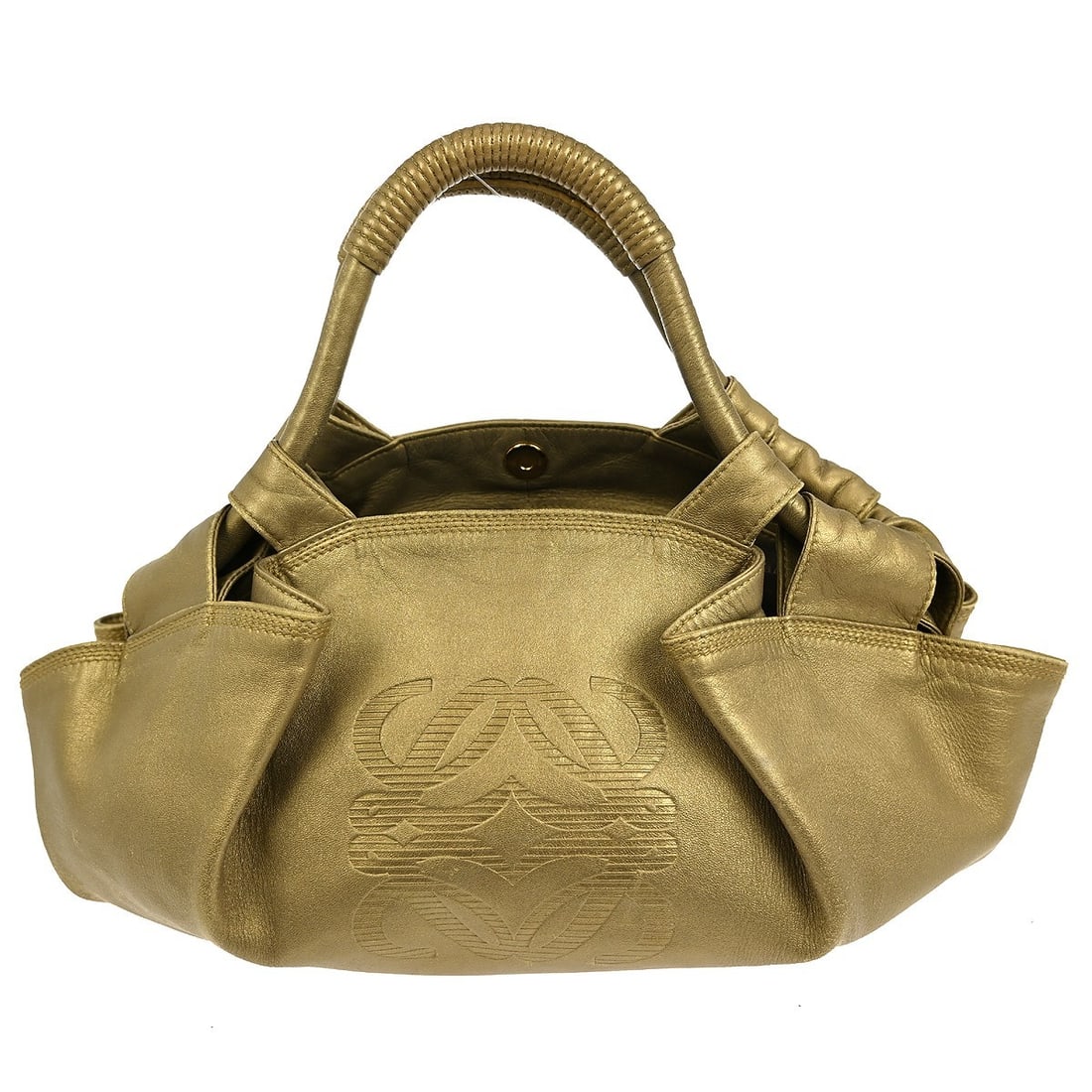 Loewe Nappa Aire Gold Leather Shoulder Bag with Anagram Logo: Loewe Nappa Aire Gold Leather Shoulder Bag with Anagram Logo This Loewe Anagram Logo Nappa Aire handbag is crafted from gold leather and designed for women. The bag is in used condition, exhibiting so