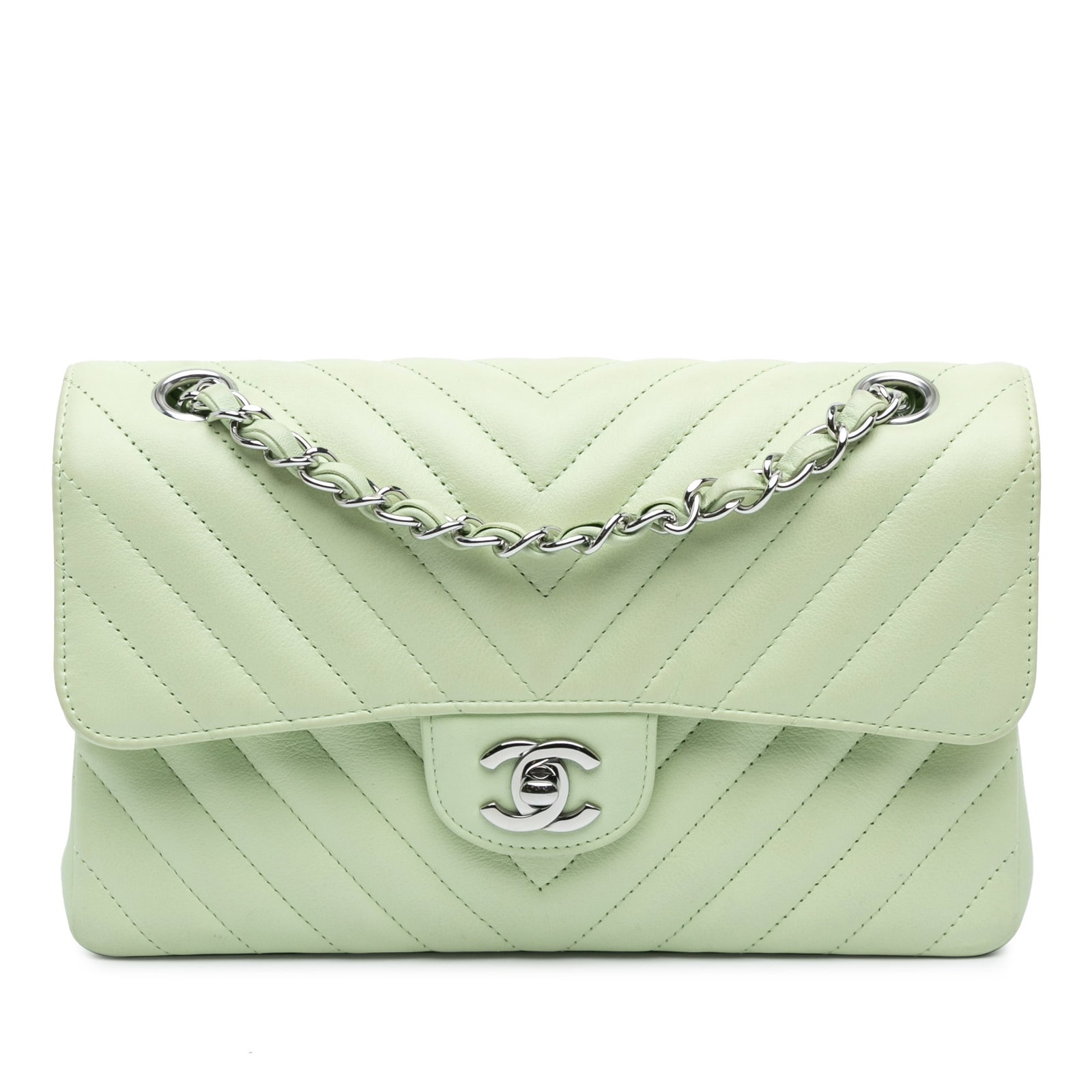 Chanel Small Classic Chevron Green Lambskin Double Flap Bag (1 of 10)