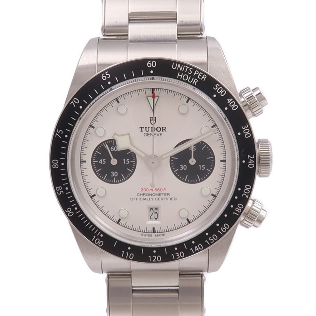 Stainless Steel Automatic TUDOR Black Bay Chrono 79360N White Dial Men's Watch: Stainless Steel Automatic TUDOR Black Bay Chrono 79360N White Dial Men's Watch This TUDOR Black Bay Chrono 79360N is a men's automatic wristwatch crafted from stainless steel with a white dial and mat