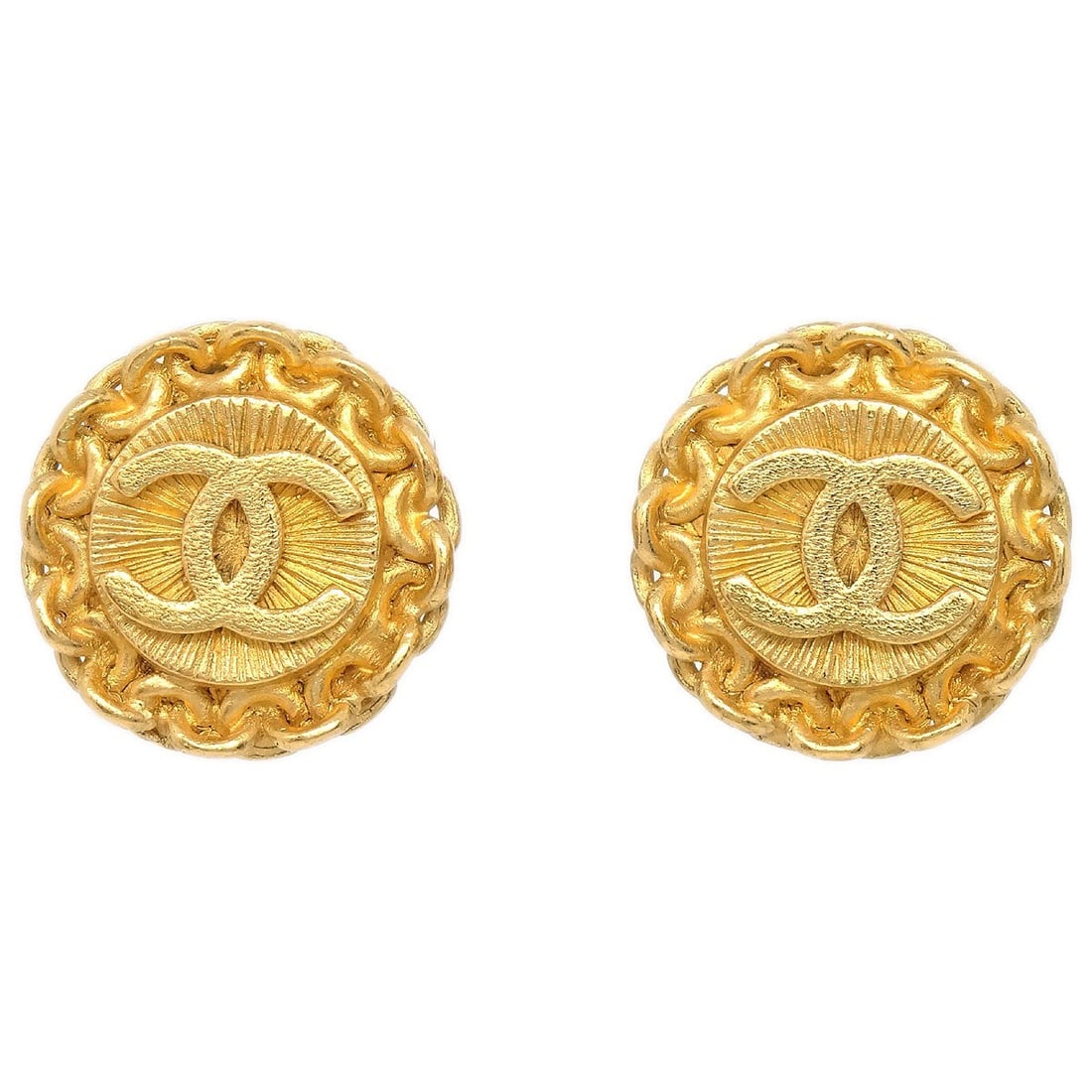 Chanel 96P Gold Tone Clip-On Logo Button Earrings: Chanel 96P Gold Tone Clip-On Logo Button Earrings Chanel button-shaped clip-on earrings in a gold-tone finish feature the iconic logo design. Made in France, these earrings offer a stylish and classic